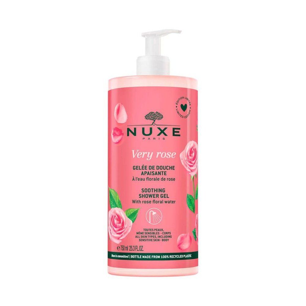 Gel douche Very Rose Nuxe, flacon rose avec pompe. Illustrations de roses et texte. 750ml.