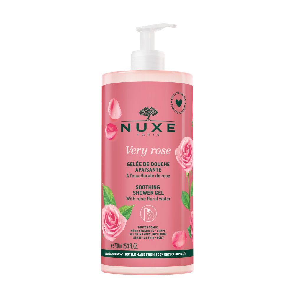 Flacon de gel douche rose avec pompe. Inscription : Nuxe Very Rose. Illustrations de roses et texte.