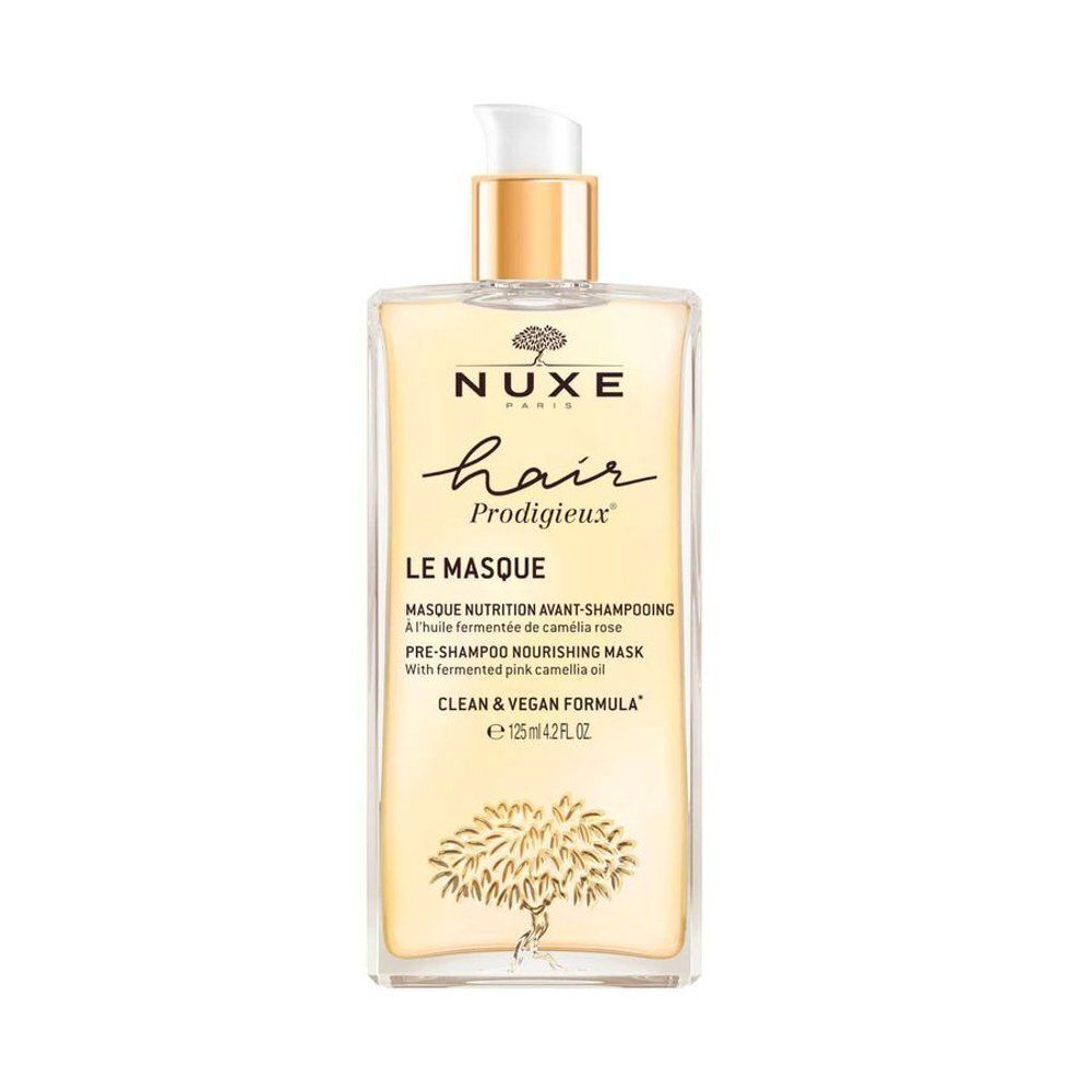 Masque capillaire NUXE dans un flacon transparent avec pompe. Contient 125ml.