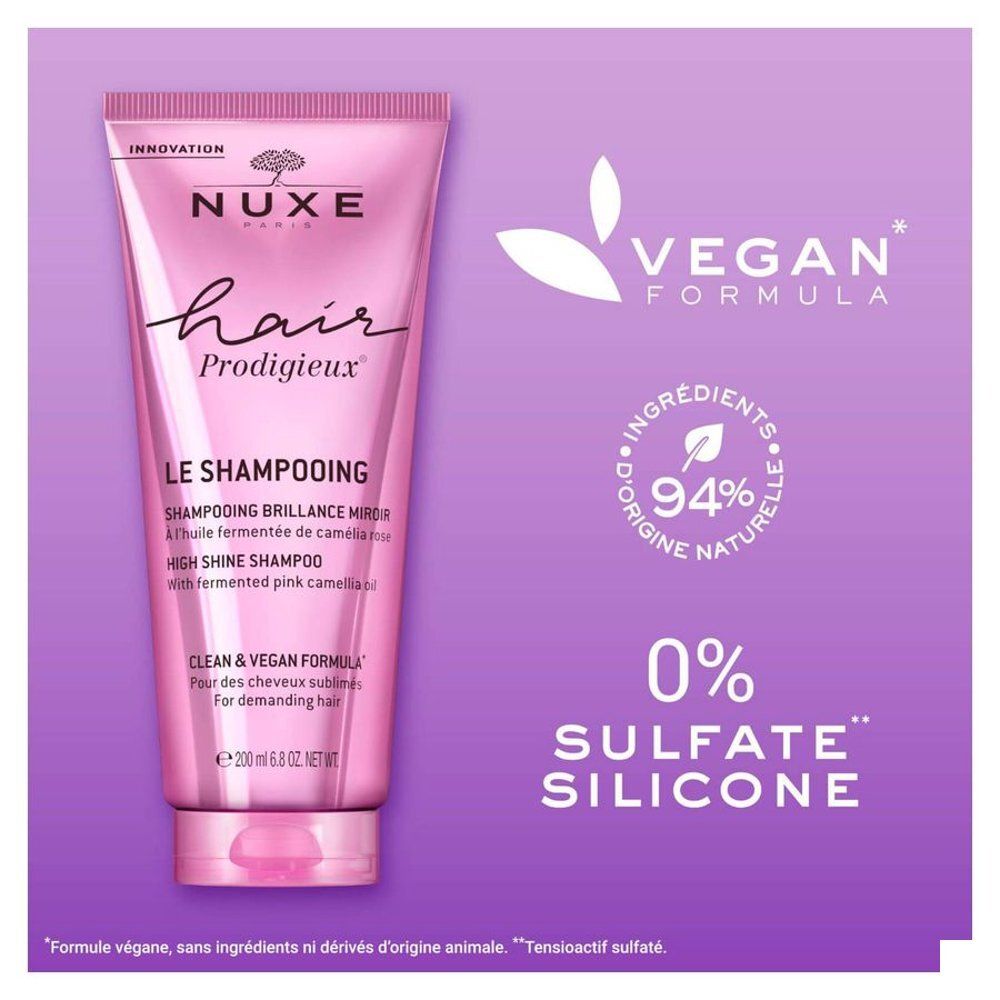 Dos du tube Nuxe Hair Prodigieux Shampoo. Formule vegan, 94% d'ingrédients naturels.
