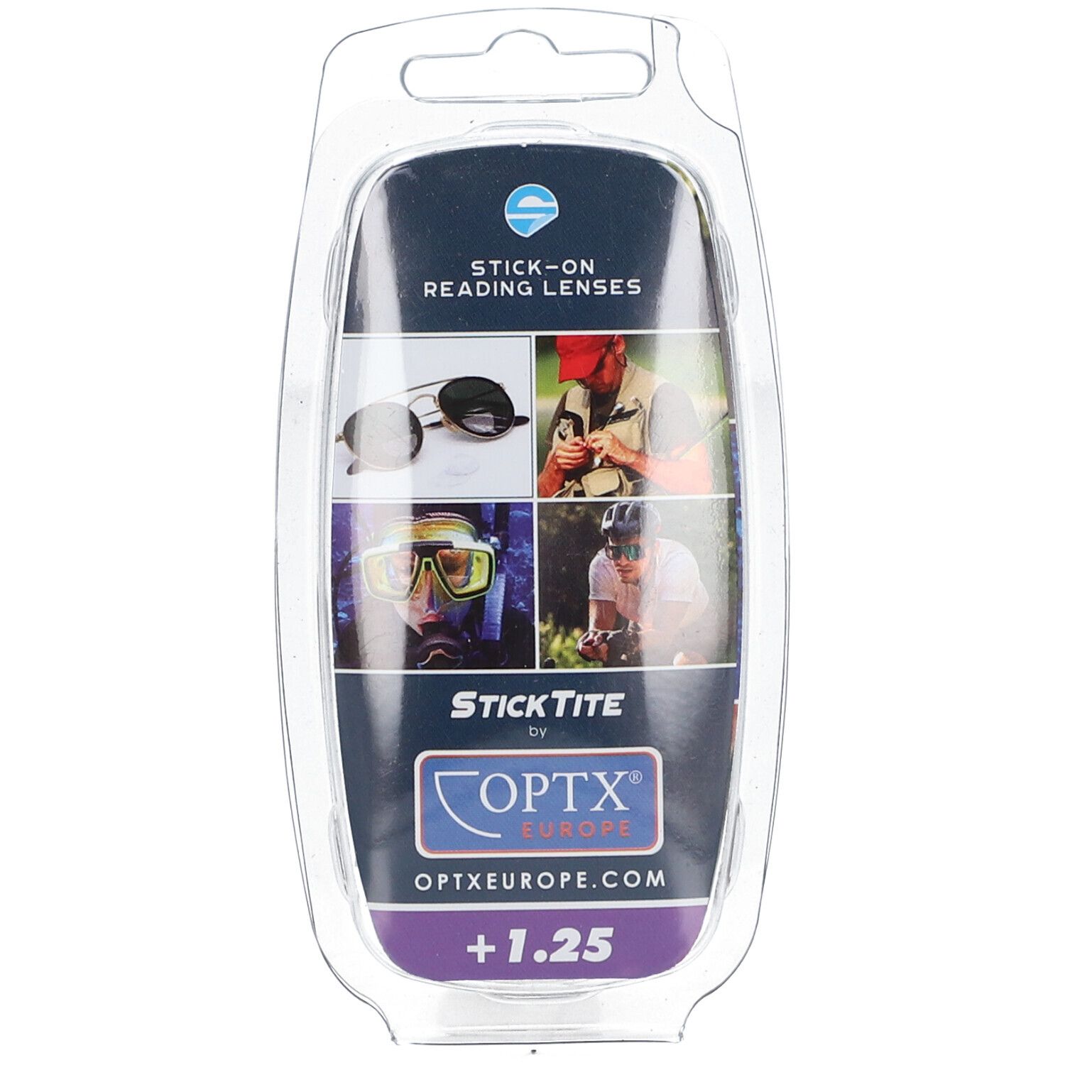 Emballage de lentilles de lecture adhésives. Logo StickTite by Optx Europe. Texte +1,25.