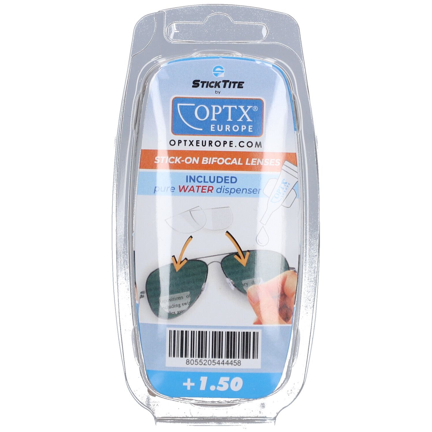 Emballage blister de lentilles adhésives bifocales. Marque StickTite by Optx Europe. +1,50. Avec distributeur d'eau.