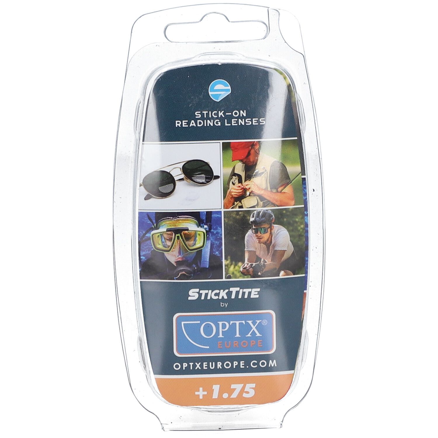 Emballage de lentilles adhésives Stick-on Reading Lenses. Marque StickTite by Optx Europe. +1,75. Images d'utilisateurs et lunettes.