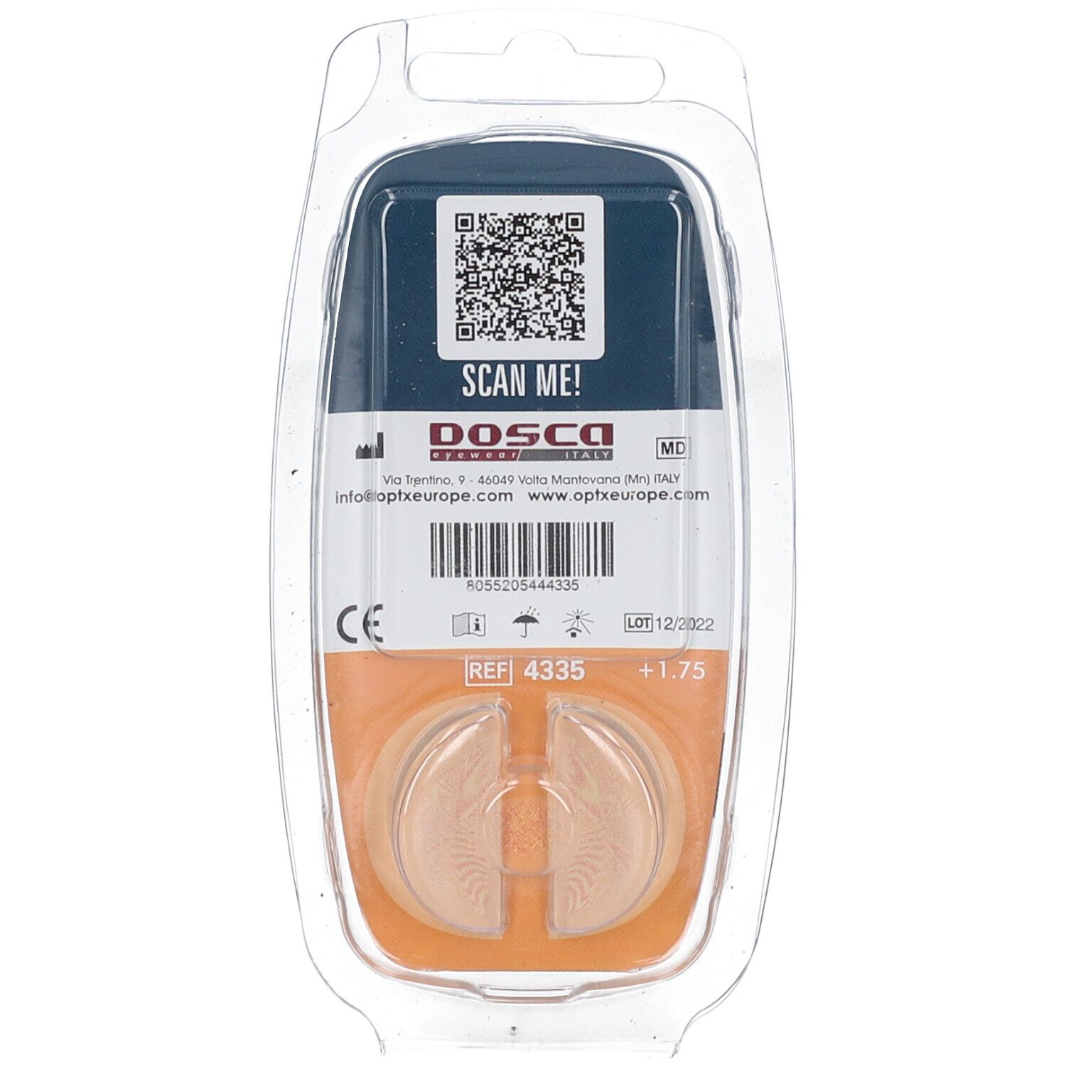 Emballage avec deux lentilles adhésives transparentes. +1,75. Marque Dosco. Code QR et marquage CE.