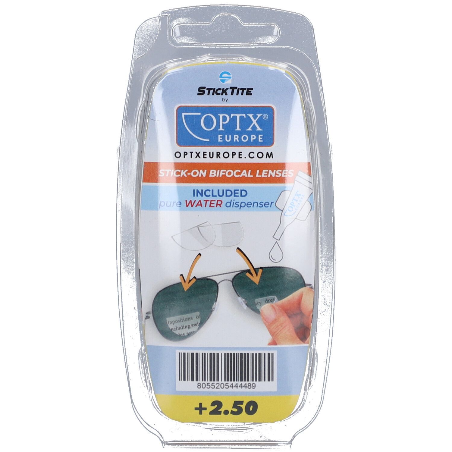 Emballage de lentilles bifocales StickTite Optx Europe. Comprend un distributeur d'eau. Inscription : +2,50.