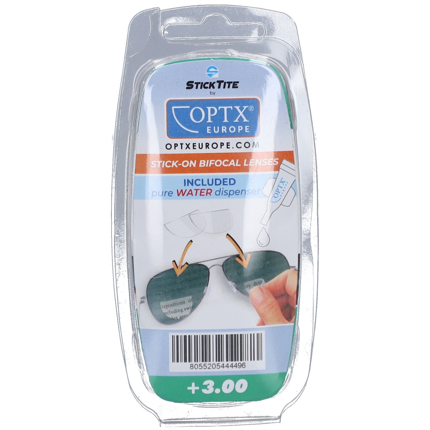 Emballage plastique transparent contenant des lentilles StickTite. Inscription : Optx Europe, +3.00. Illustrations de lunettes et sportifs.