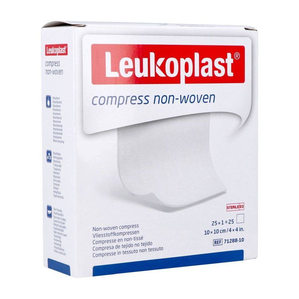 Boîte de compresses Leukoplast. Carton blanc avec nom et informations. 25 pièces, 10x10 cm.