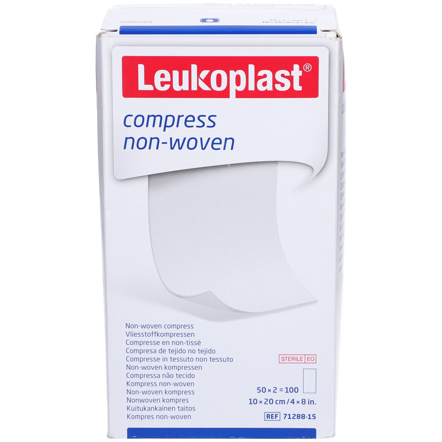 Boîte blanche avec texte rouge Leukoplast compress non-woven. Compresses stériles visibles, 10x20 cm.