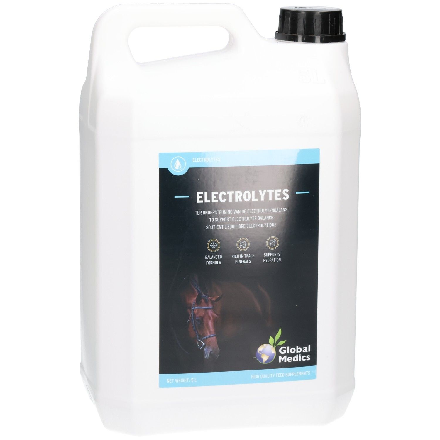 Grand bidon blanc avec bouchon noir. Étiquette indiquant 'ELECTROLYTES'.