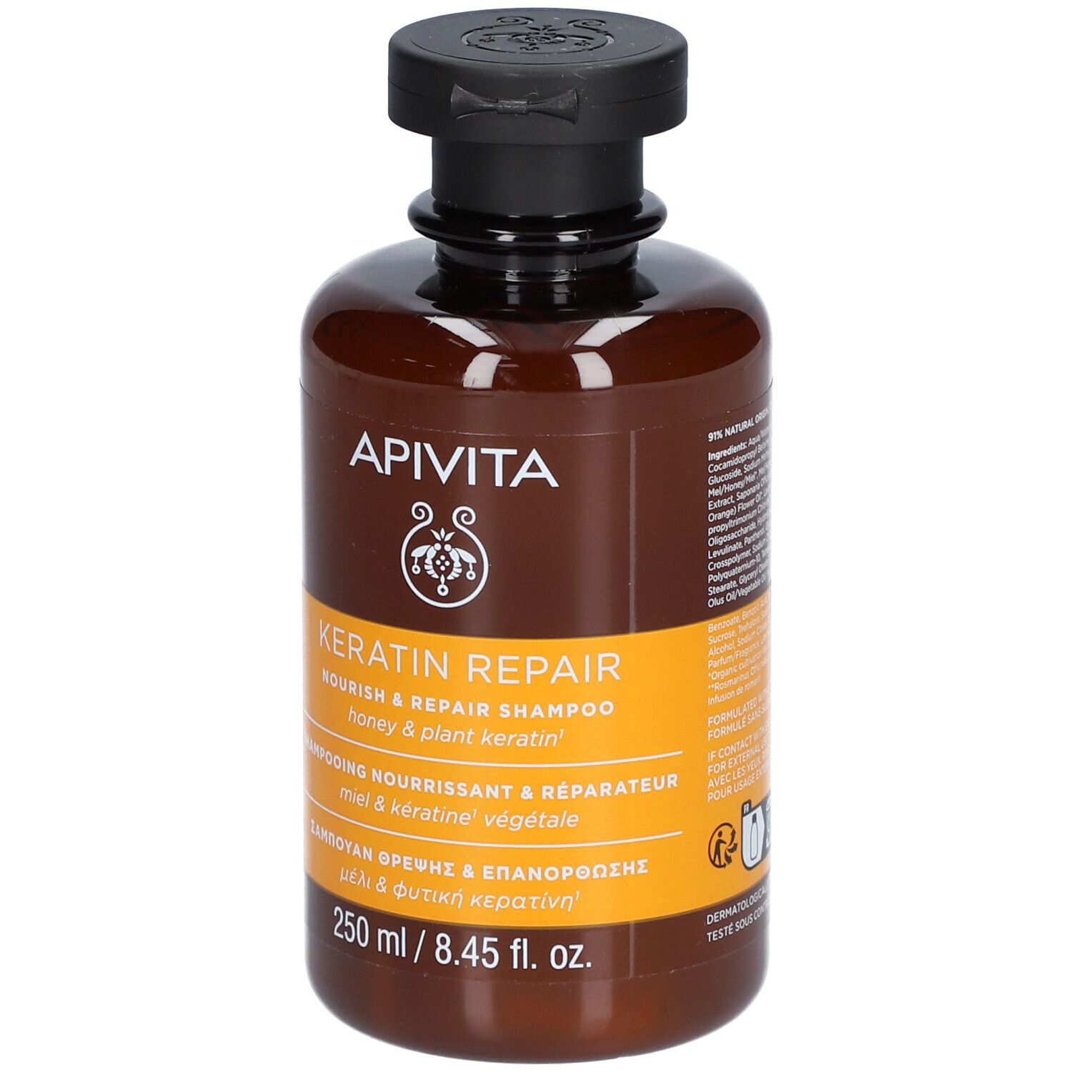 Shampoing APIVITA Keratin Repair, 250 ml. Flacon marron avec bouchon noir. Contient miel et kératine végétale.