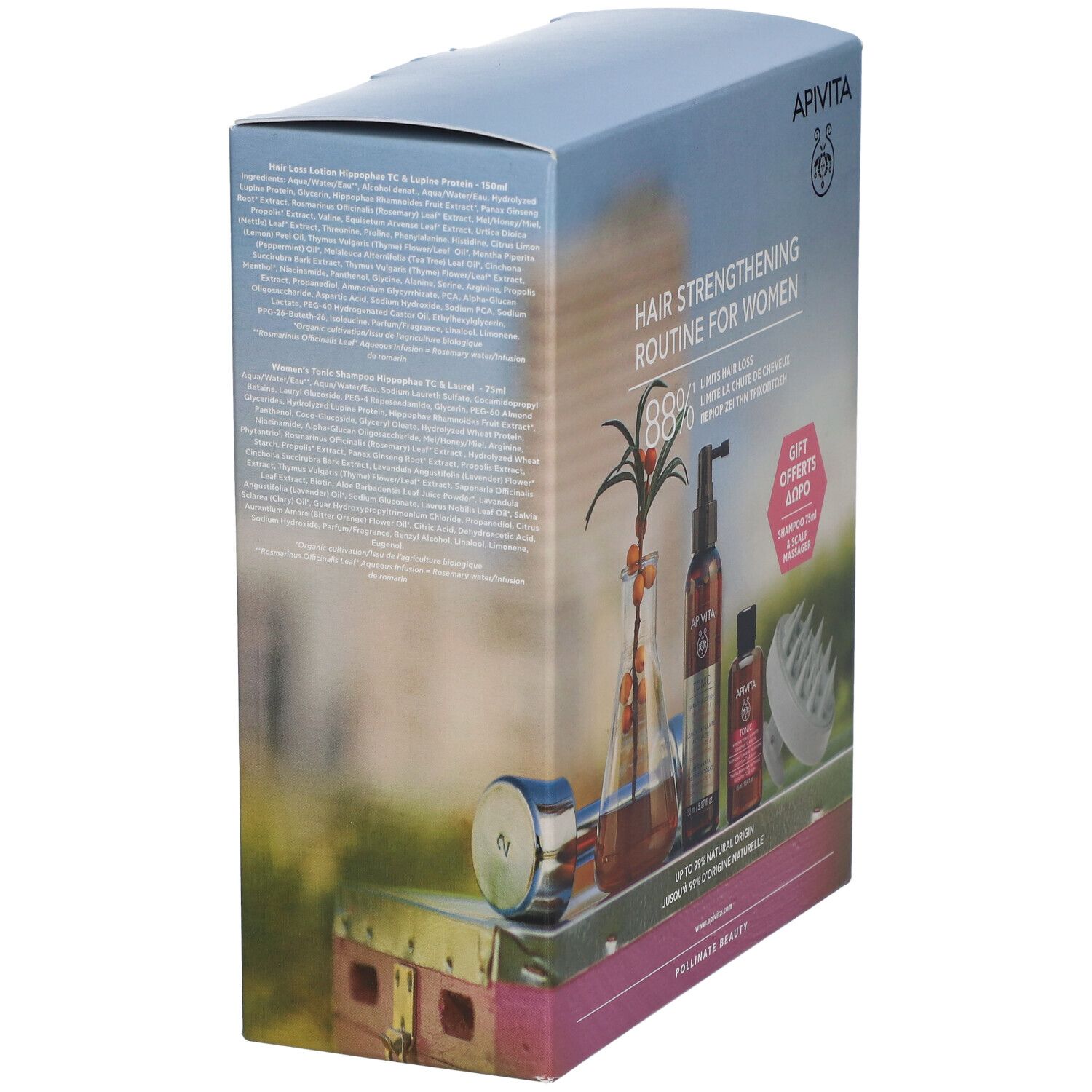 Vue latérale du coffret de soins capillaires. Texte et illustration des produits. Marque : Apivita.