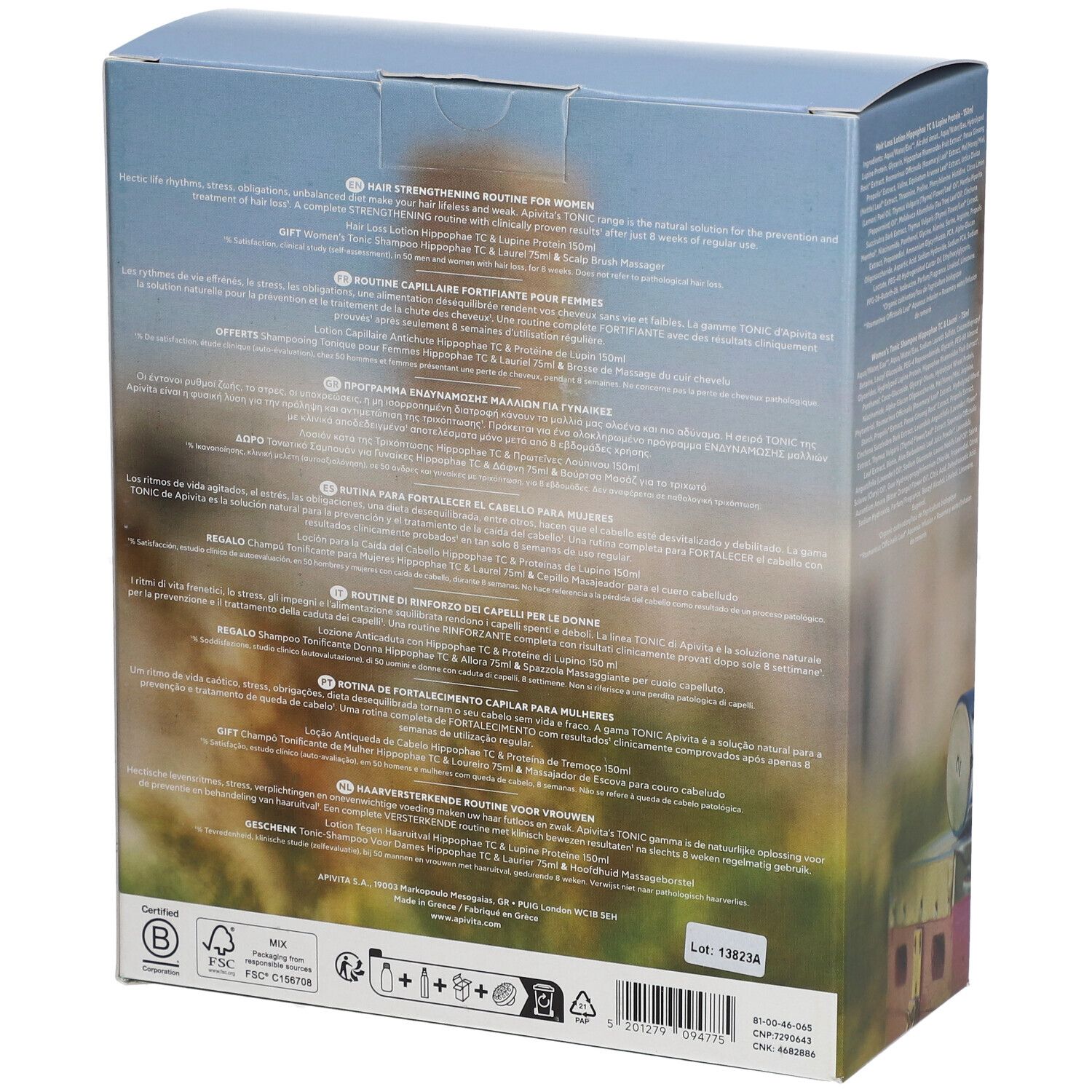 Dos du coffret de soins capillaires. Texte en plusieurs langues. Marque : Apivita.