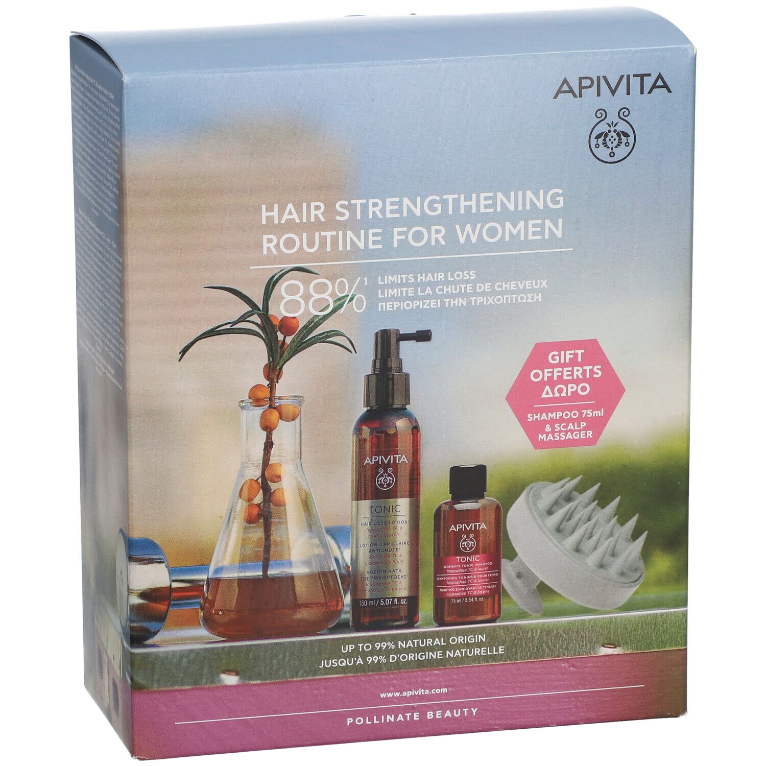 Coffret de soins capillaires avec flacons, brosse de massage et texte. Marque : Apivita.