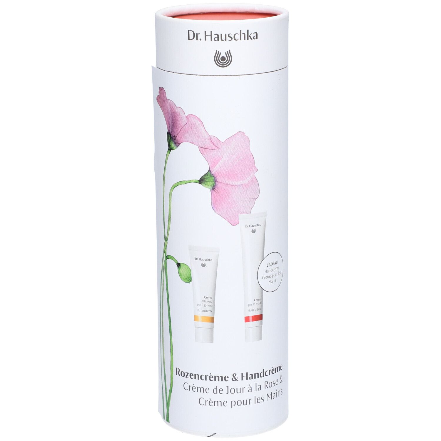 Emballage cylindrique avec deux crèmes. Impression: fleur de rose, noms de produits, logo. Crèmes en tubes.