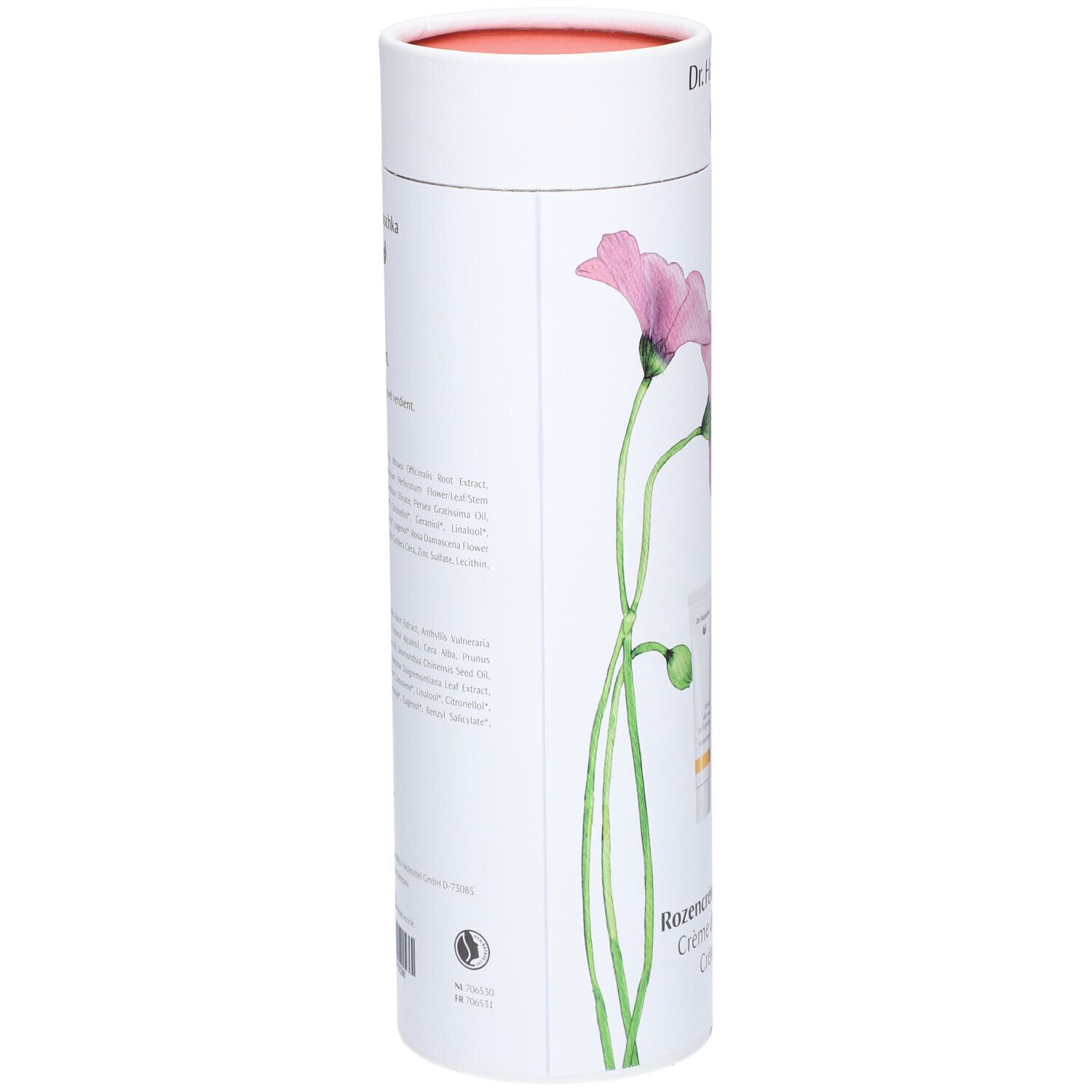 Emballage cylindrique blanc avec illustration de roses. Texte: noms de produits, logo, ingrédients. Couvercle rouge.
