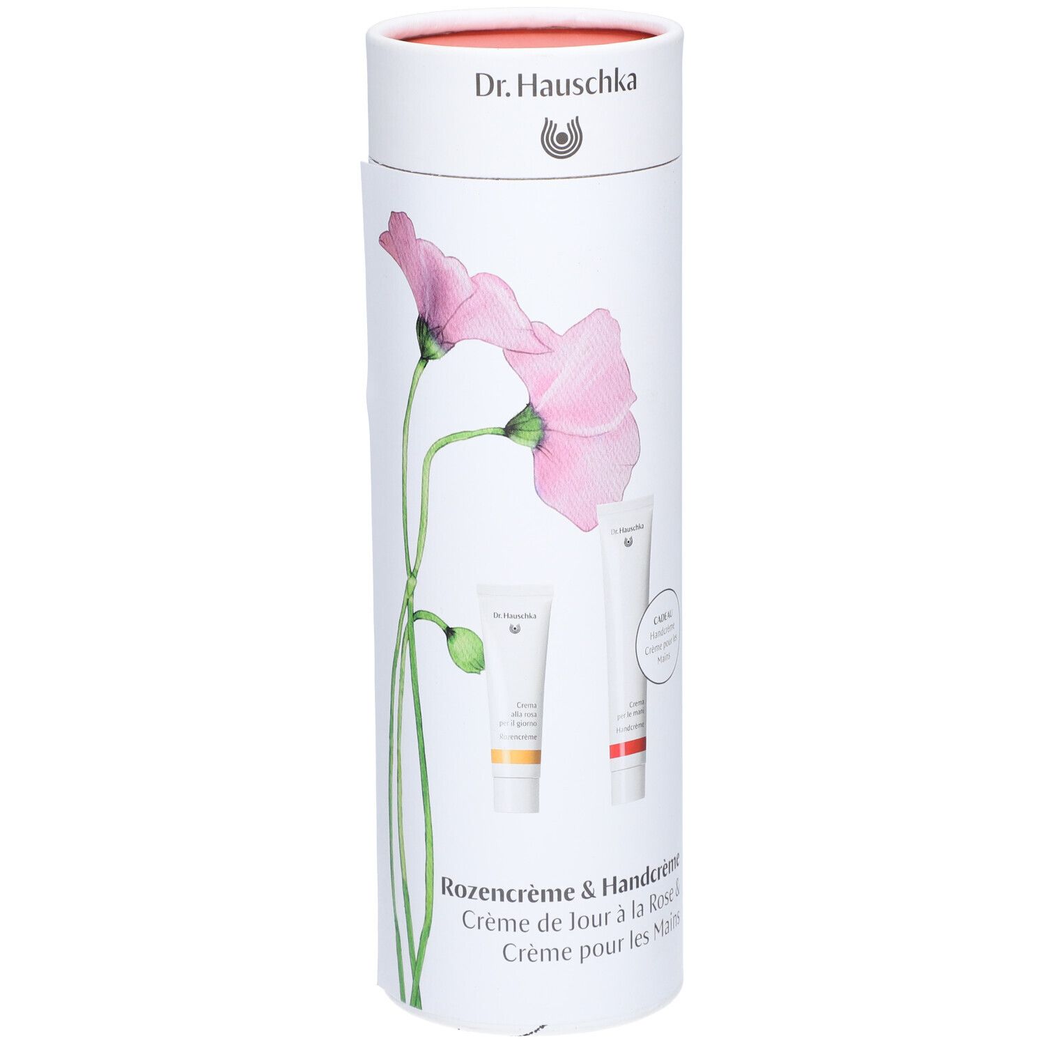 Emballage cylindrique avec deux crèmes. Impression: fleur de rose, noms de produits, logo. Crèmes en tubes.