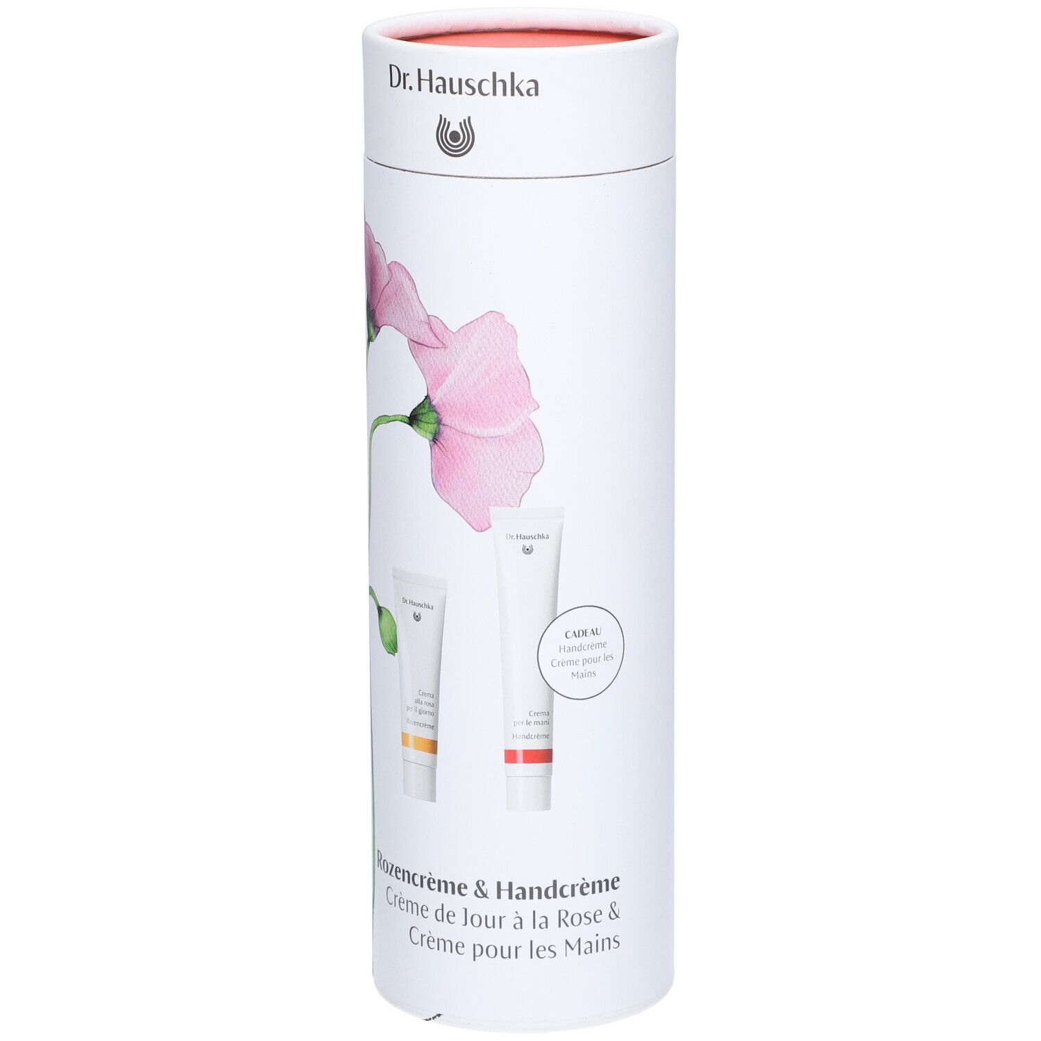 Emballage cylindrique avec deux crèmes. Impression: fleur de rose, noms de produits, logo. Crèmes en tubes.