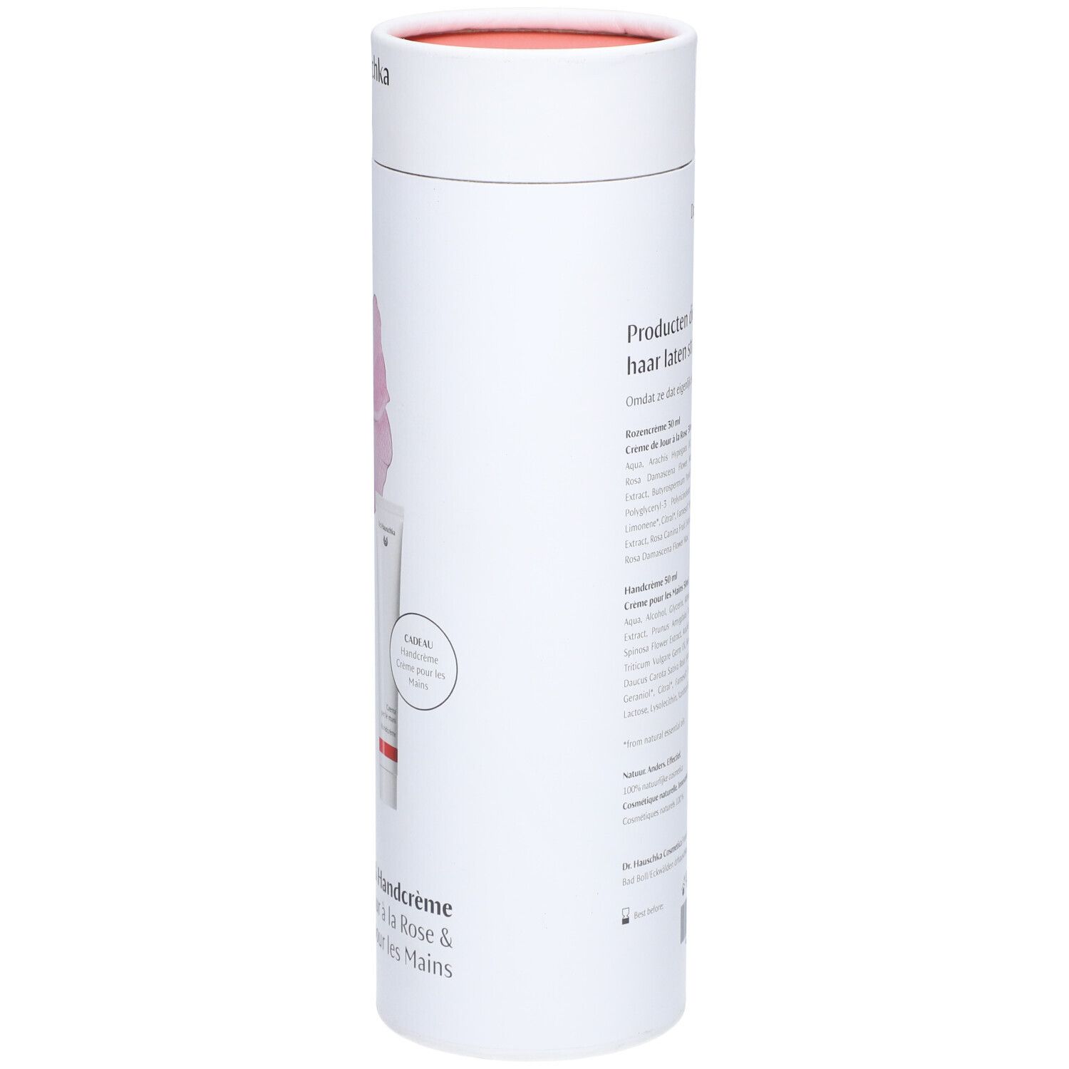 Emballage cylindrique blanc avec illustration de roses. Texte: noms de produits, logo, ingrédients. Couvercle rouge.