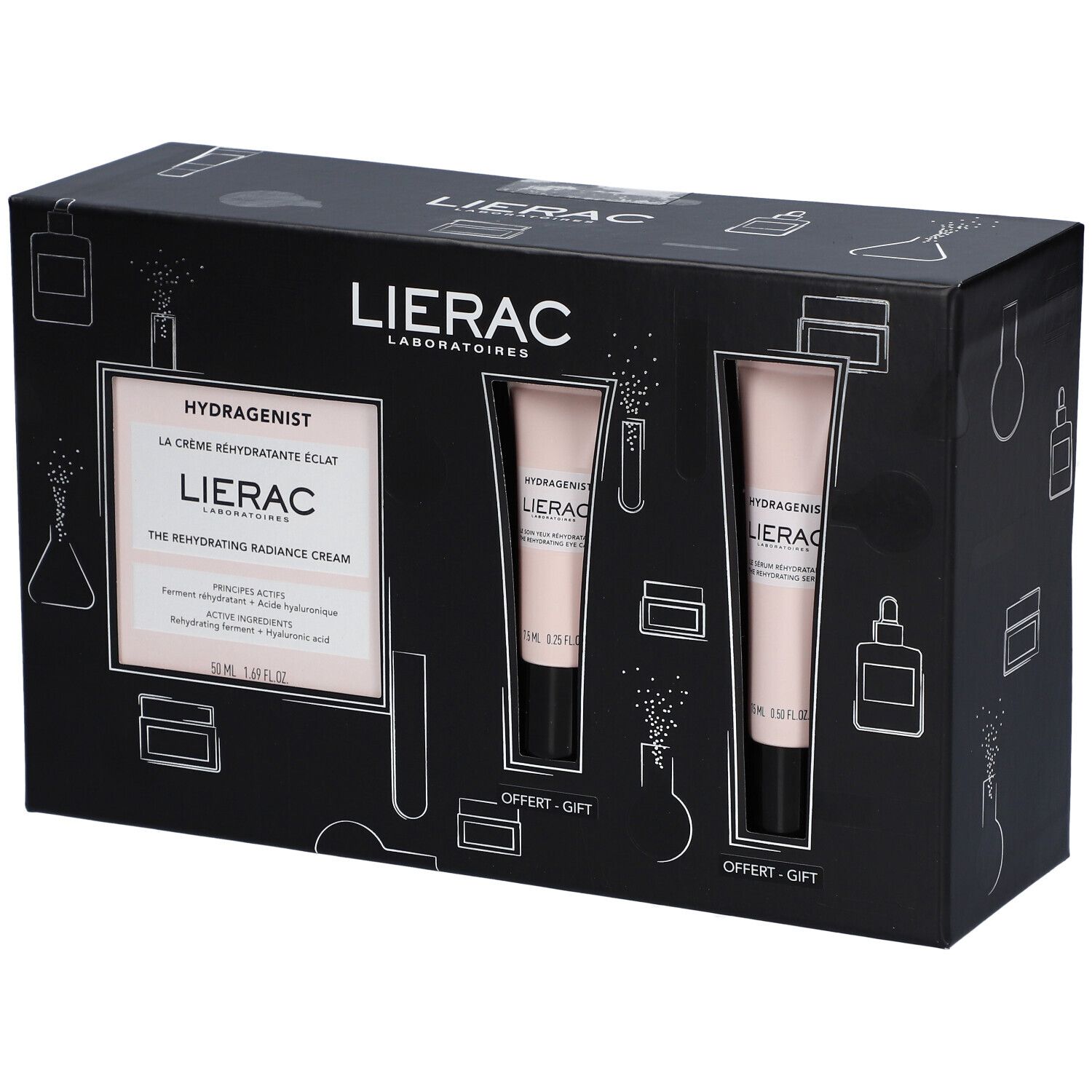Coffret noir Lierac Hydragenist avec deux tubes de crème. Inscription "Hydragenist" et "La crème réhydratante éclat".