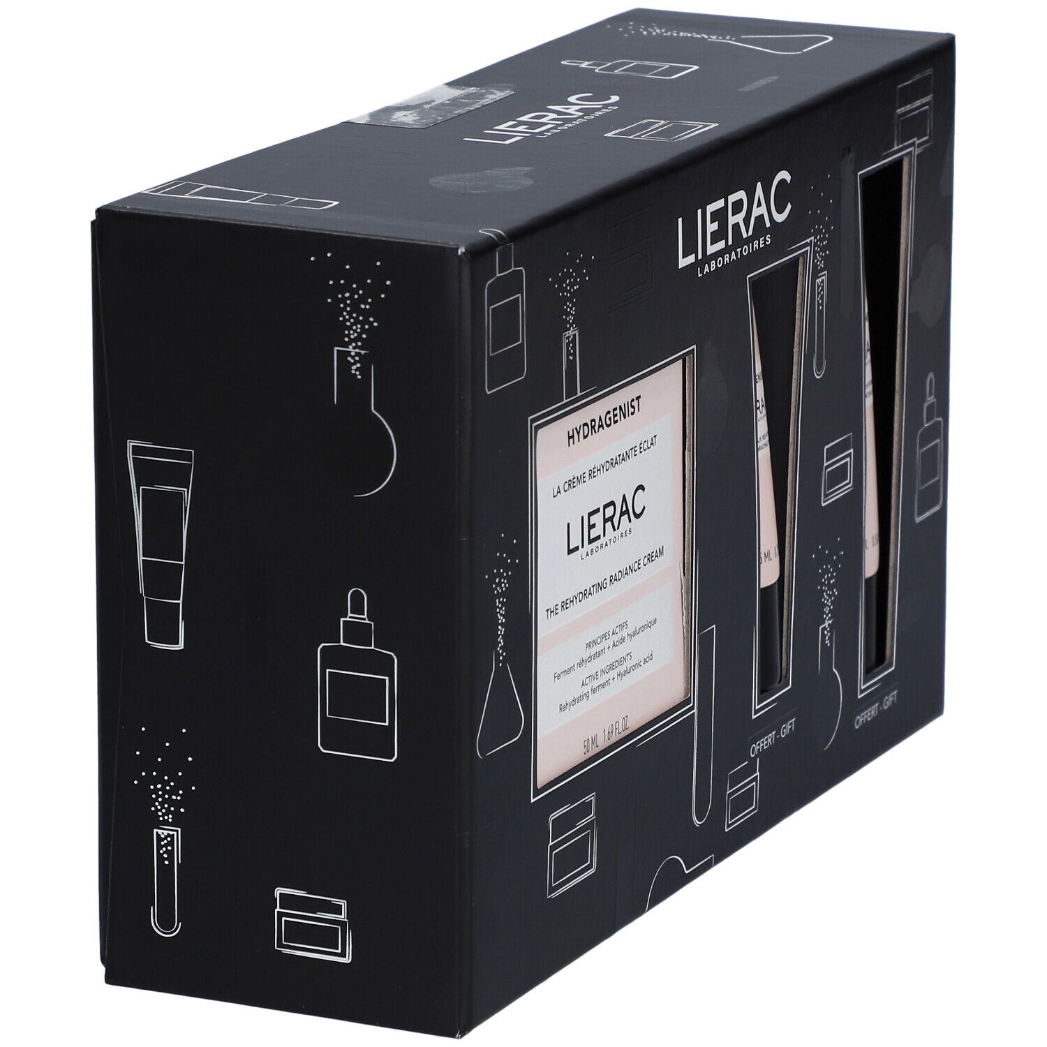 Vue latérale d'un coffret noir Lierac Hydragenist. Deux tubes de crème sont visibles. Inscription "Hydragenist".