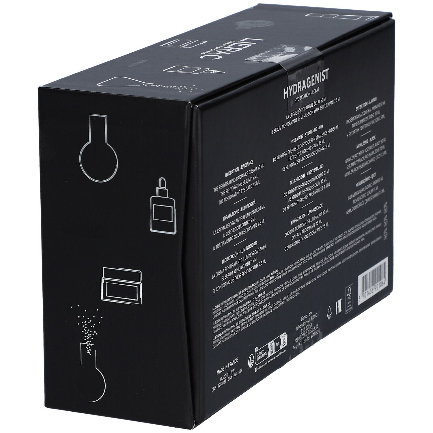 Vue latérale d'un coffret noir. Informations produit. Marque Lierac, nom du produit Hydragenist.
