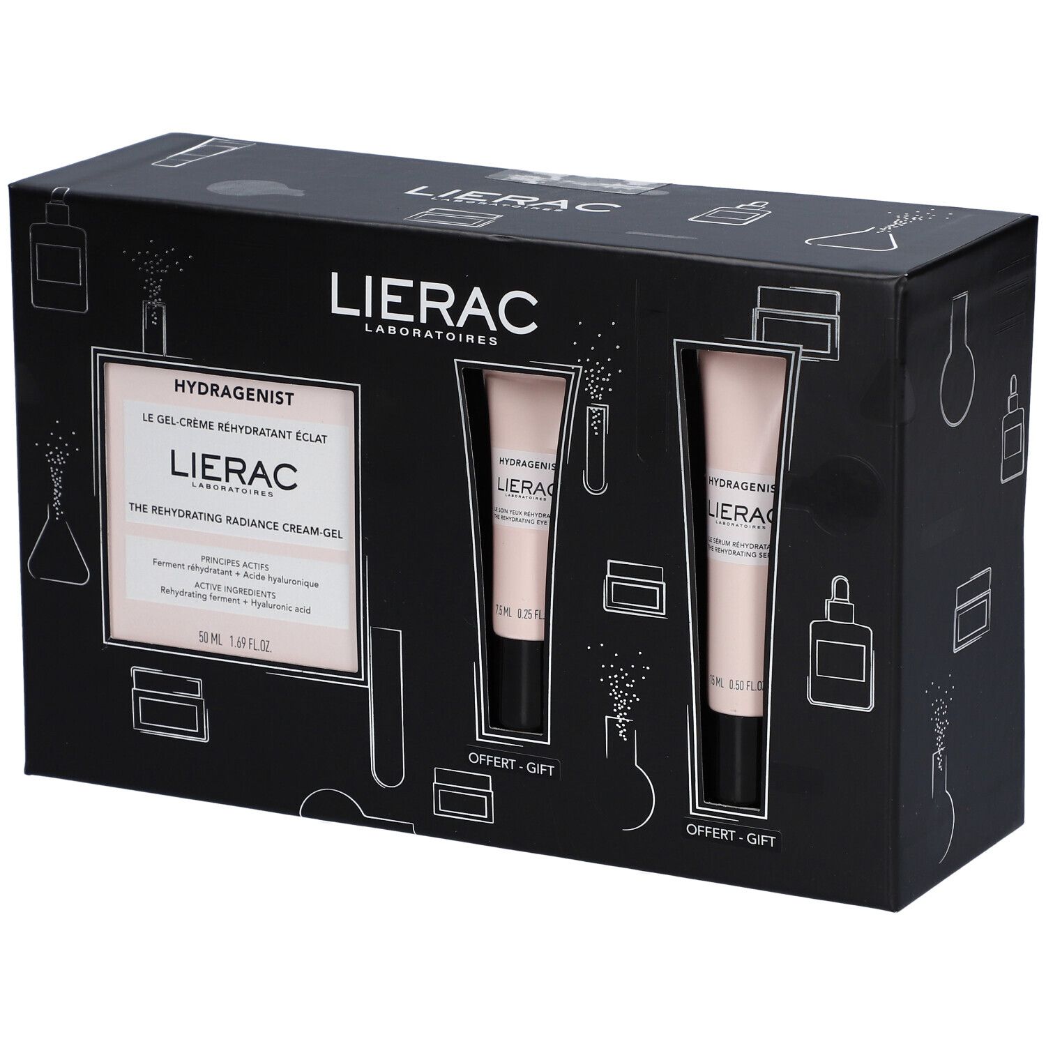 Coffret noir avec deux tubes et un produit. Inscription LIERAC et HYDRAGENIST. Tubes roses avec bouchon noir.