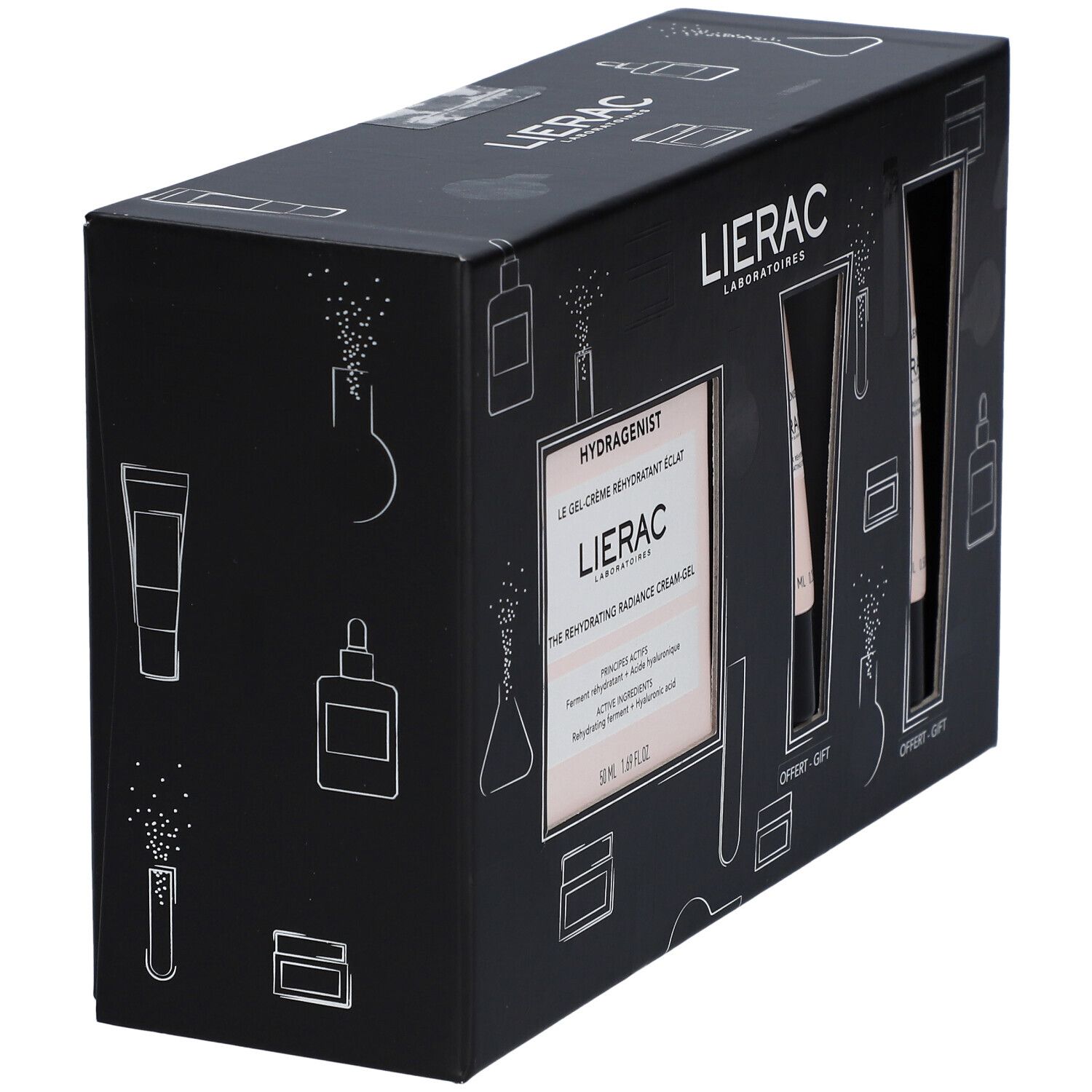 Coffret noir avec deux tubes et un produit. Inscription LIERAC et HYDRAGENIST. Tubes roses avec bouchon noir.