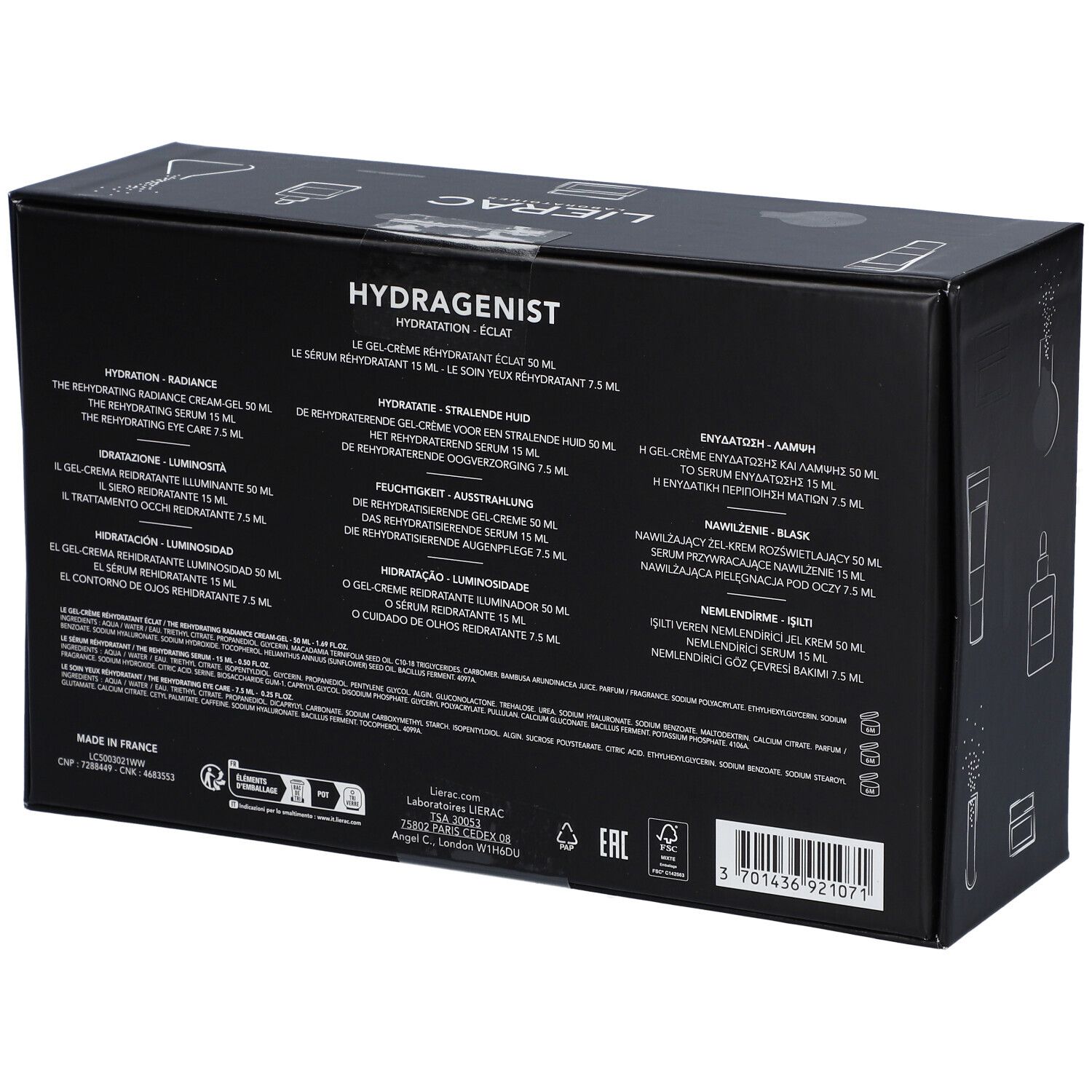 Dos du coffret cadeau noir. Texte multilingue. Inscription LIERAC et HYDRAGENIST. Contient des informations sur le produit.