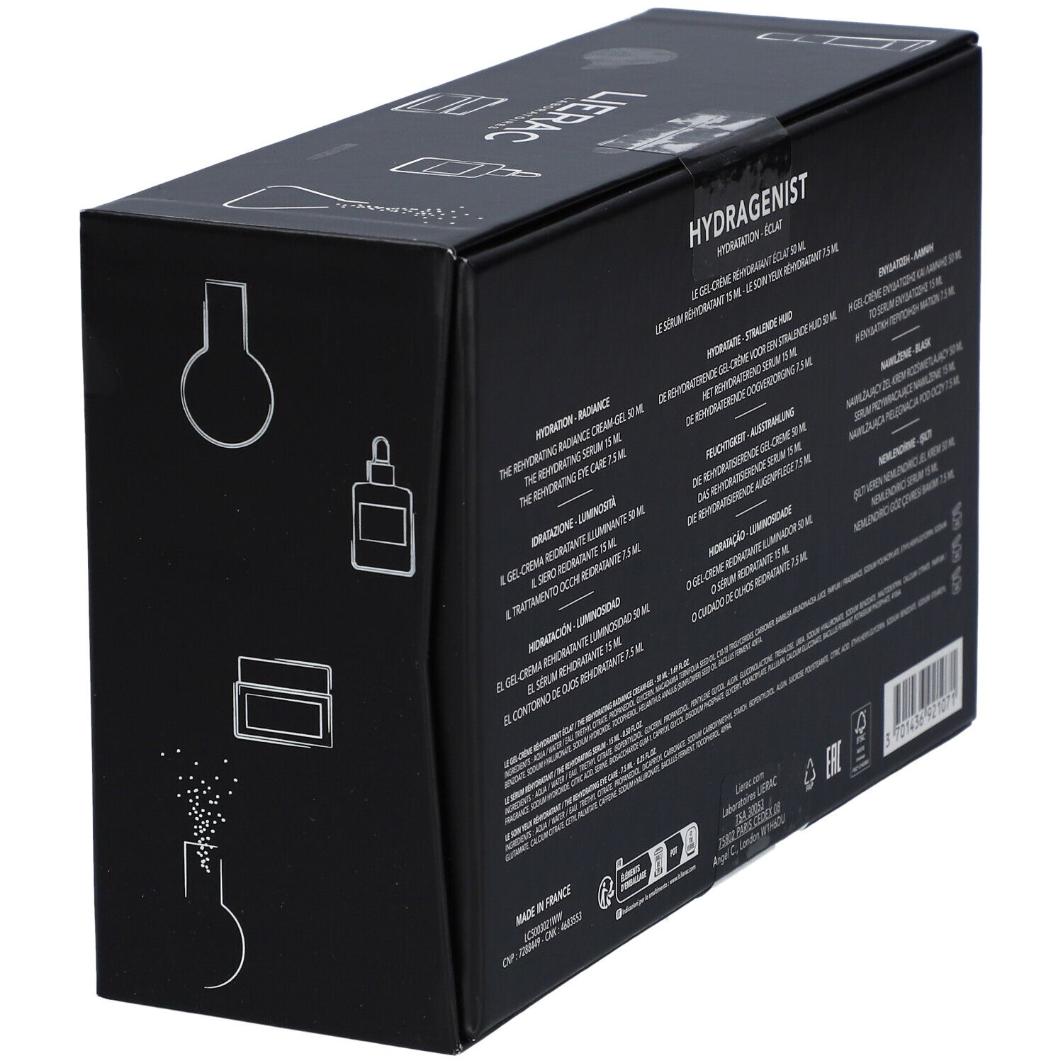Coffret cadeau noir avec texte. Inscription LIERAC et HYDRAGENIST. Contient des informations sur le produit. Vue latérale.