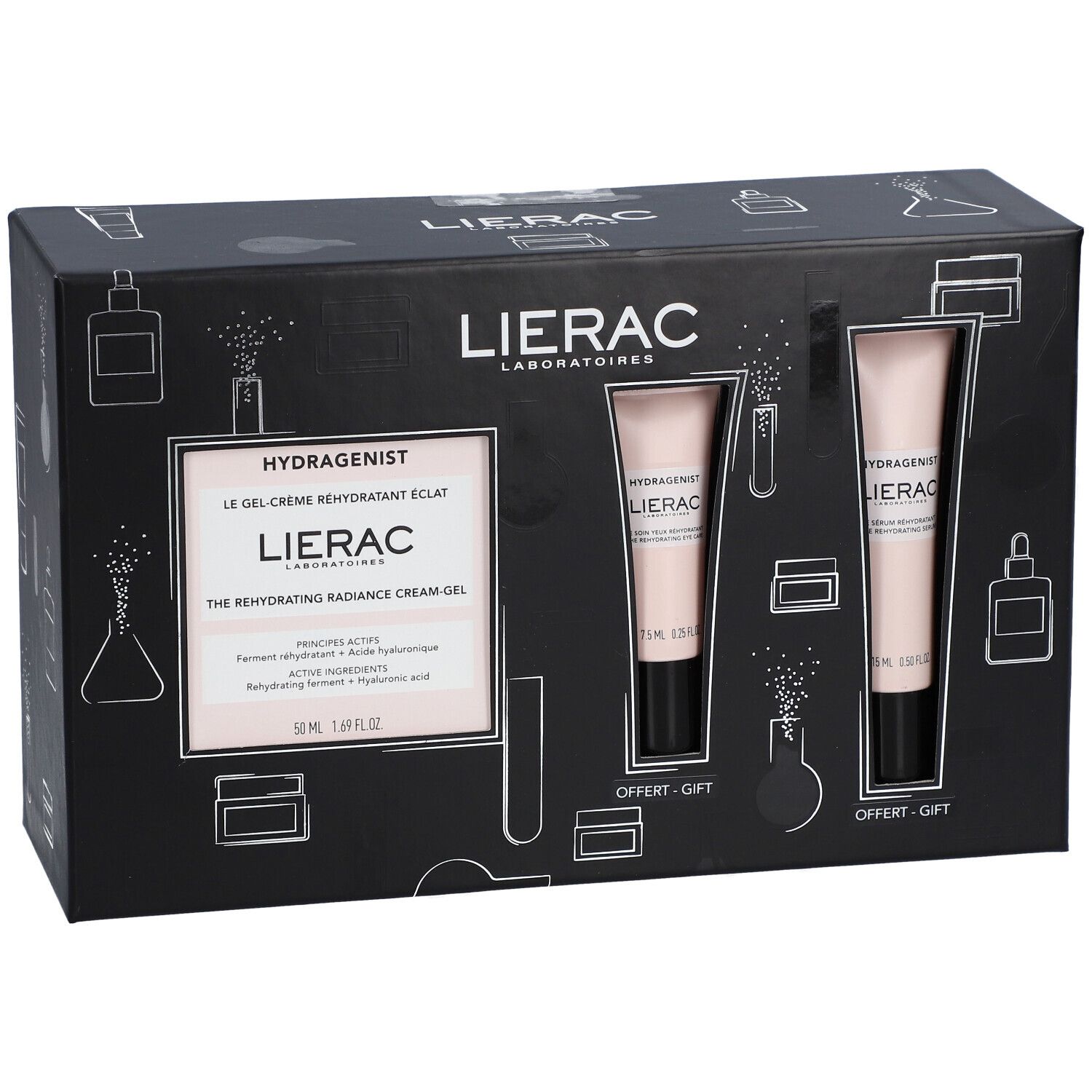 Coffret noir avec deux tubes et un produit. Inscription LIERAC et HYDRAGENIST. Tubes roses avec bouchon noir.