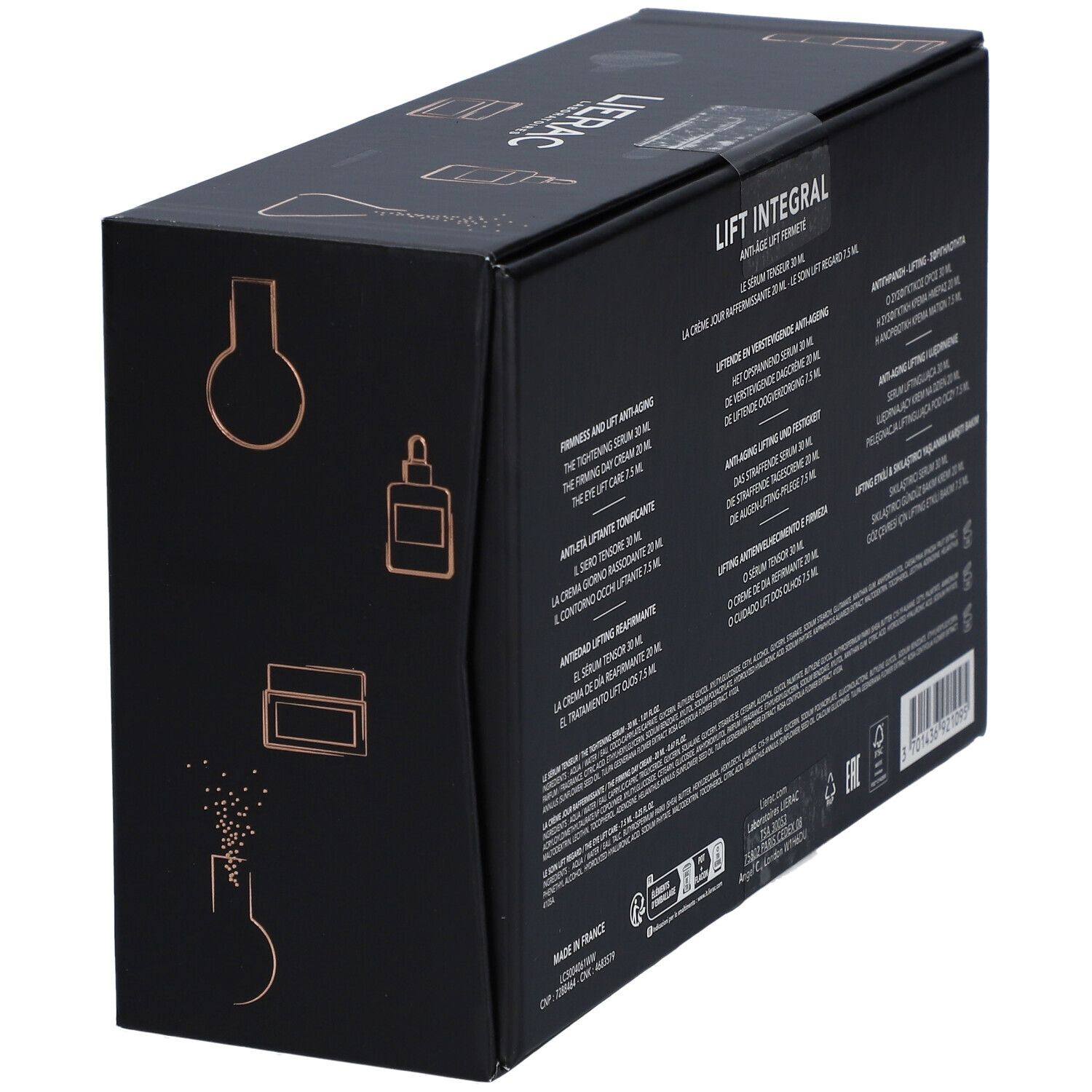 Vue latatérale oblique du coffret noir Lierac Lift Integral. Informations produit en plusieurs langues.
