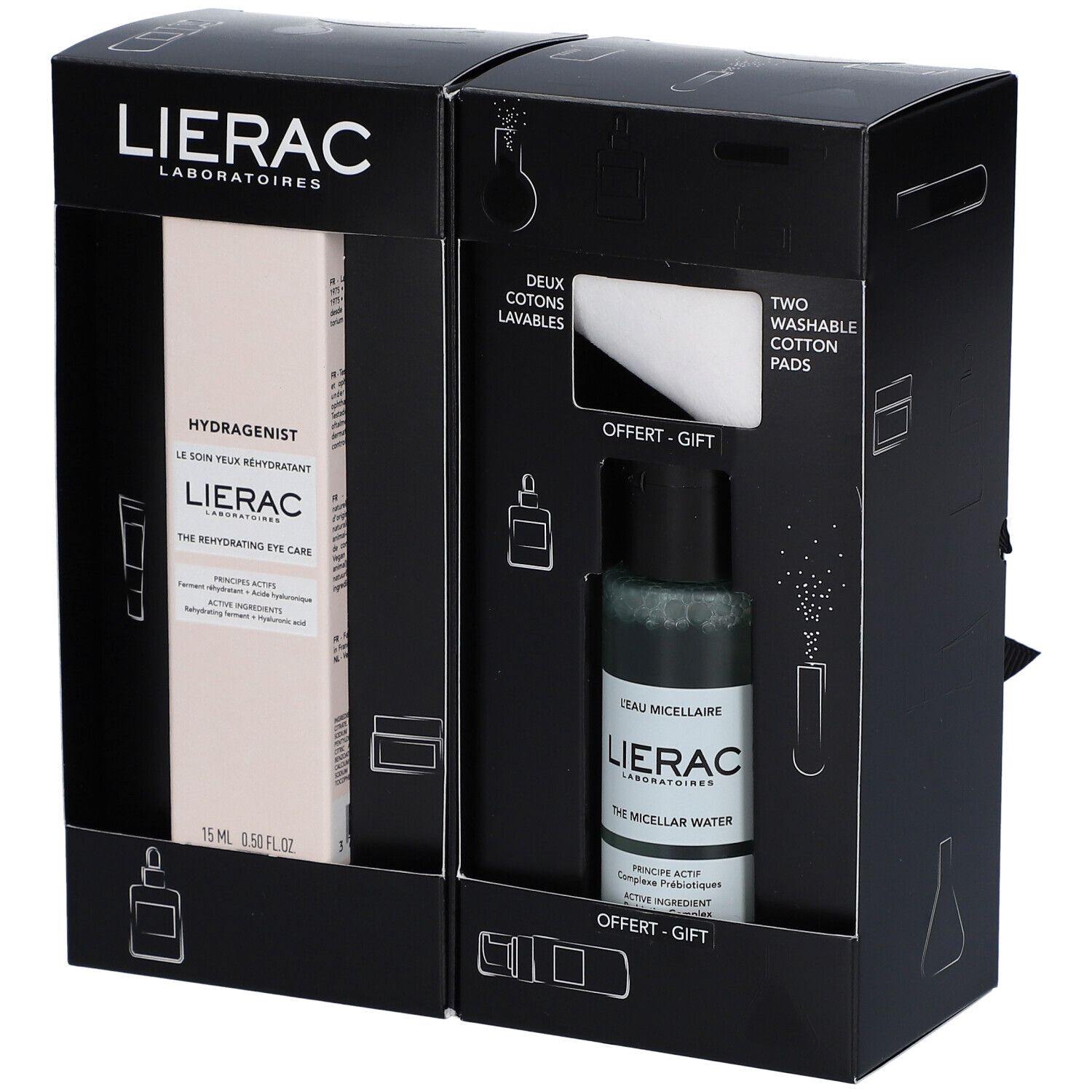 Coffret cadeau avec deux boîtes. Contient soin des yeux, eau micellaire et deux cotons lavables. Emballage noir avec logo.
