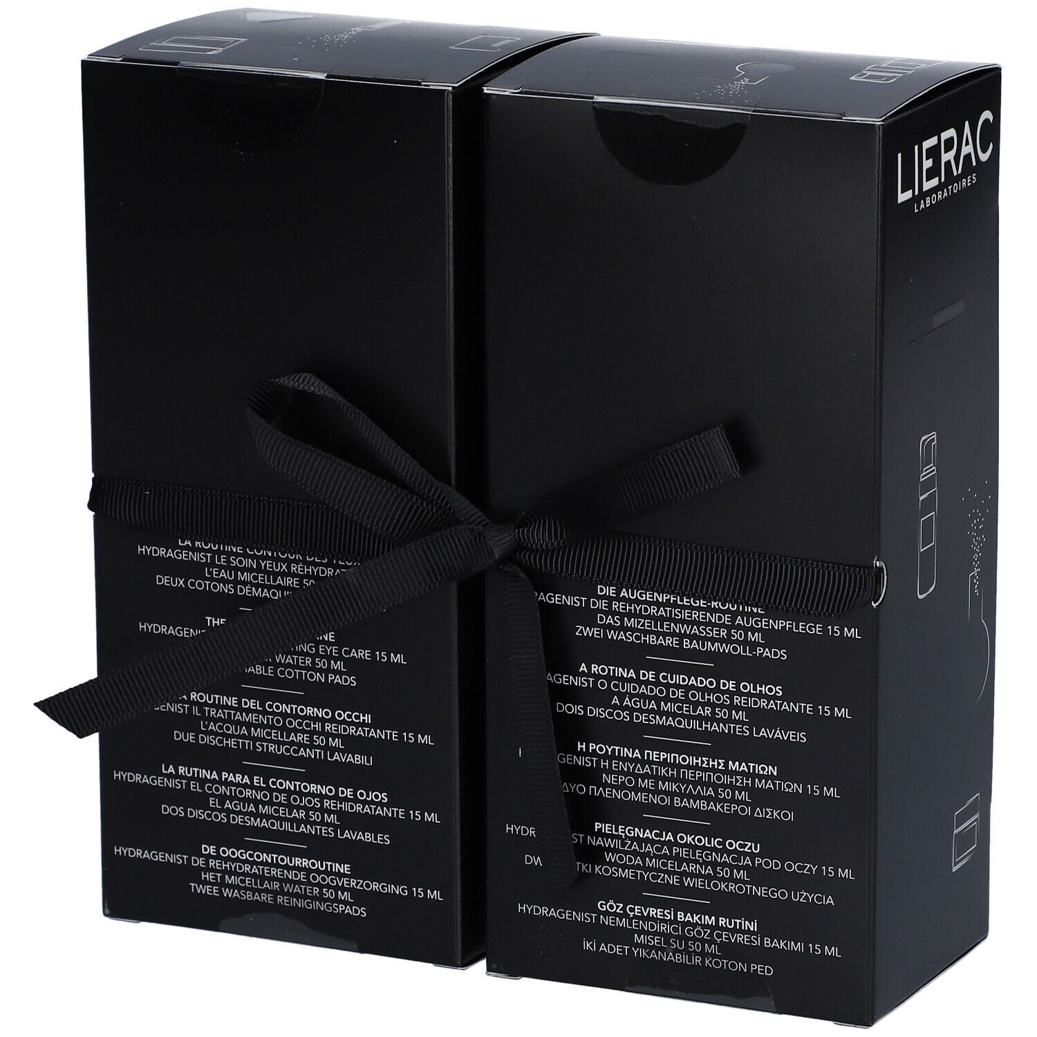 Coffret cadeau noir, noué avec un ruban noir. Texte multilingue. Contient soin des yeux et eau micellaire.