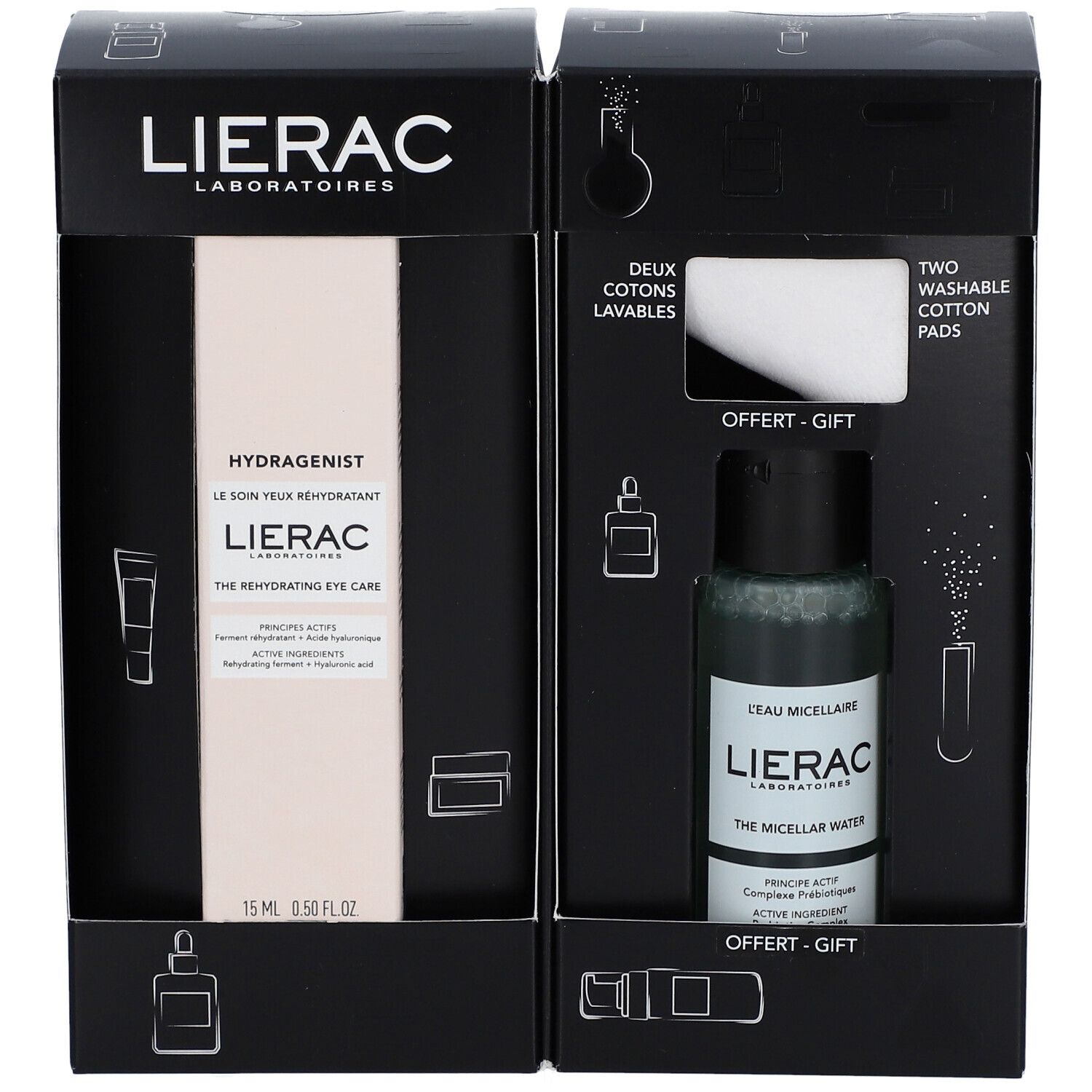 Coffret cadeau avec deux boîtes. Contient soin des yeux, eau micellaire et deux cotons lavables. Emballage noir.