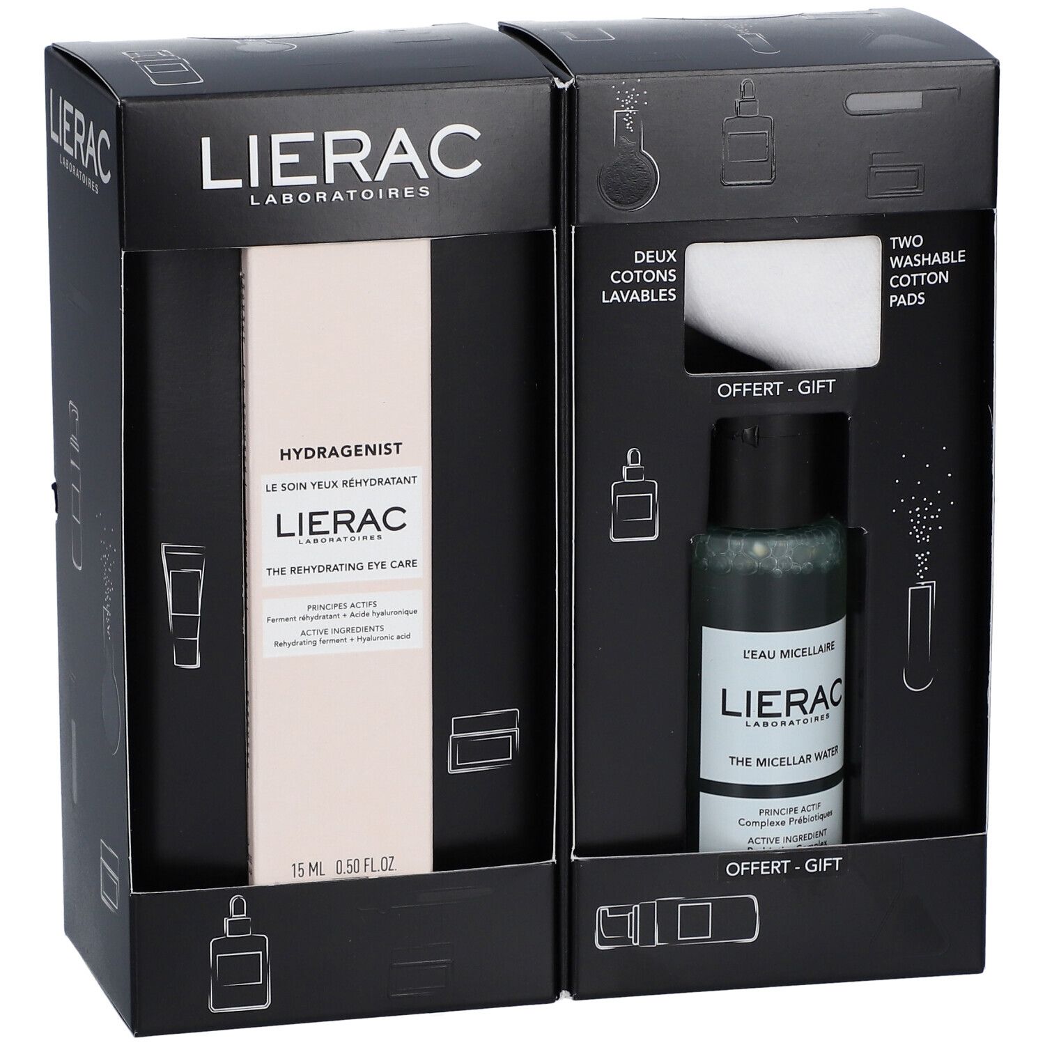 Coffret cadeau avec deux boîtes. Contient soin des yeux, eau micellaire et deux cotons lavables. Emballage noir.