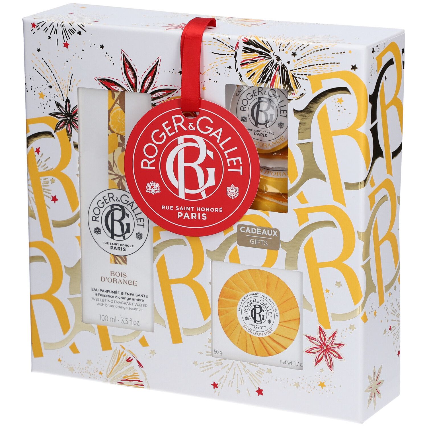 Coffret cadeau avec produits. Contient flacon, savon et tablettes. Emballage avec logo et ruban rouge.