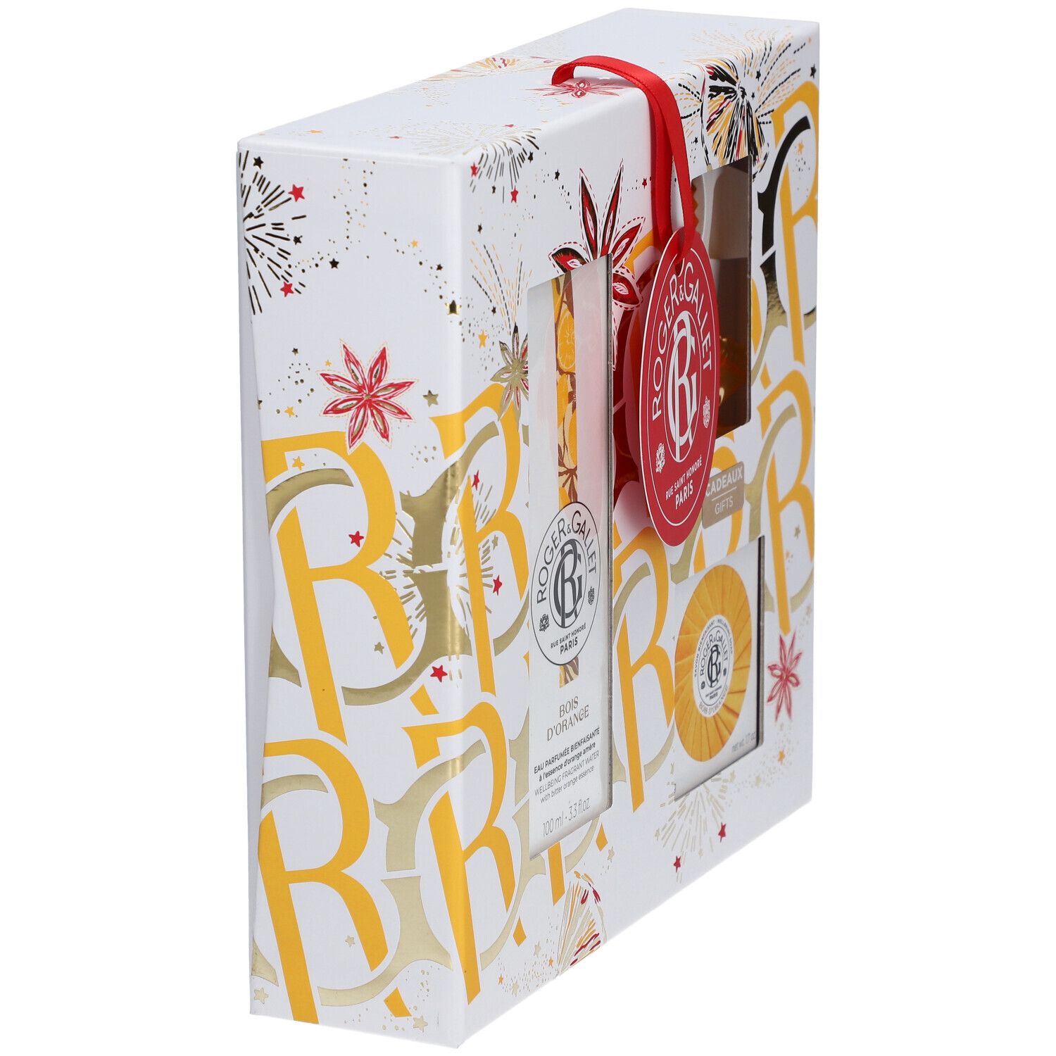 Boîte cadeau, vue latérale. Contient des produits. Logo et ruban rouge. Éléments décoratifs sur la boîte.