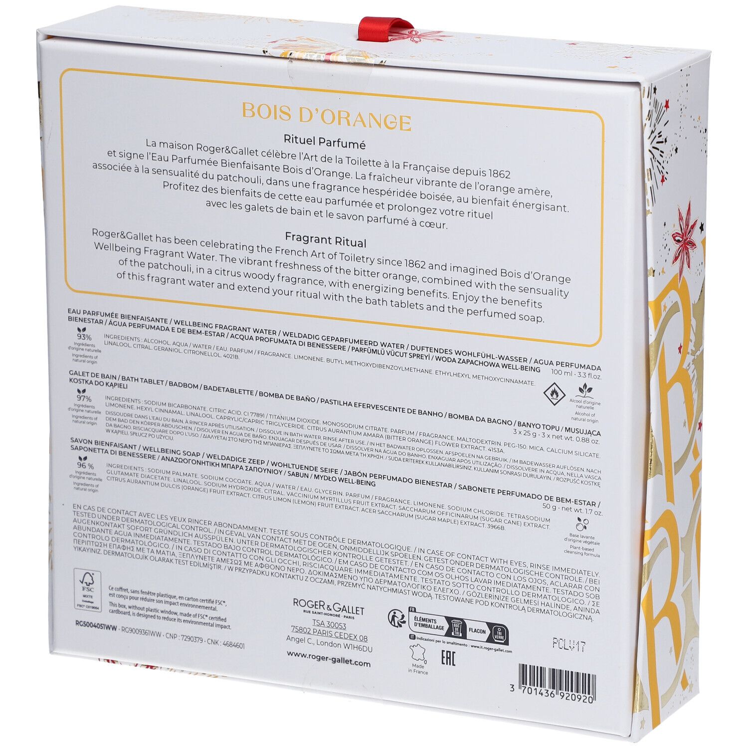 Dos du coffret cadeau. Texte avec informations produit et logo. Contient ingrédients et certifications.