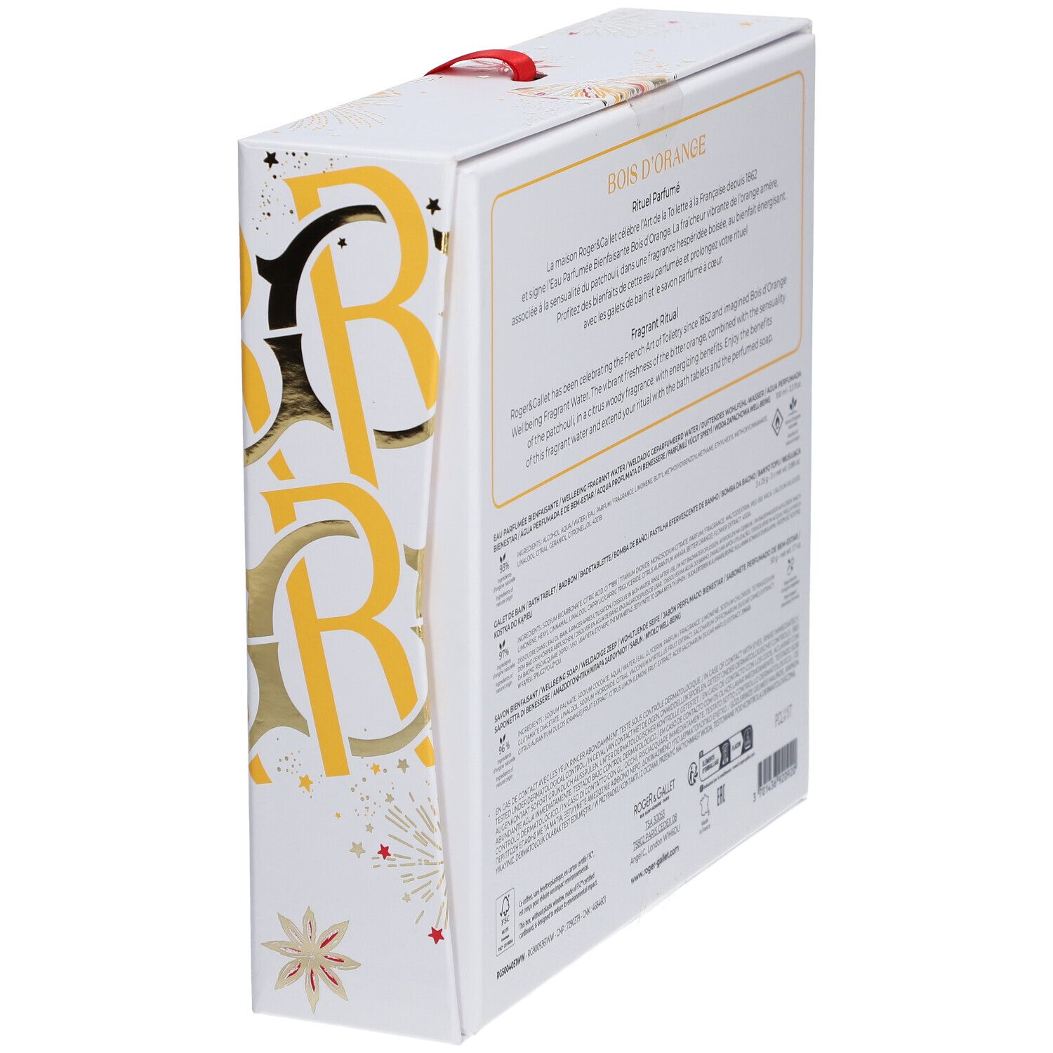 Boîte cadeau, vue latérale. Texte avec informations produit et logo. Éléments décoratifs sur la boîte.