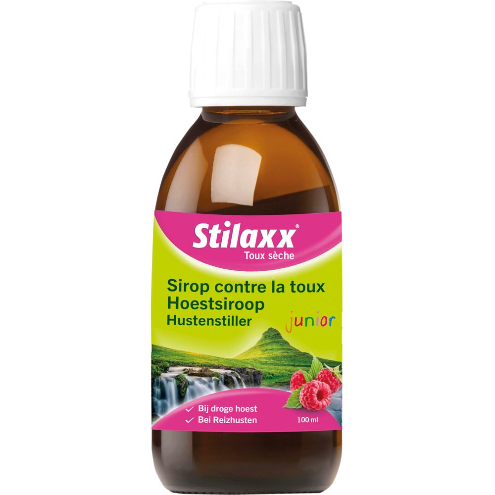 Flacon marron avec bouchon blanc. Étiquette Stilaxx, sirop contre la toux Junior. 100 ml. Framboises.