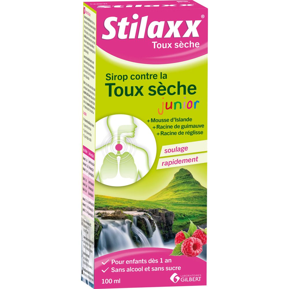Boîte Stilaxx, sirop contre la toux sèche Junior. 100 ml. Illustration des poumons et de la gorge.