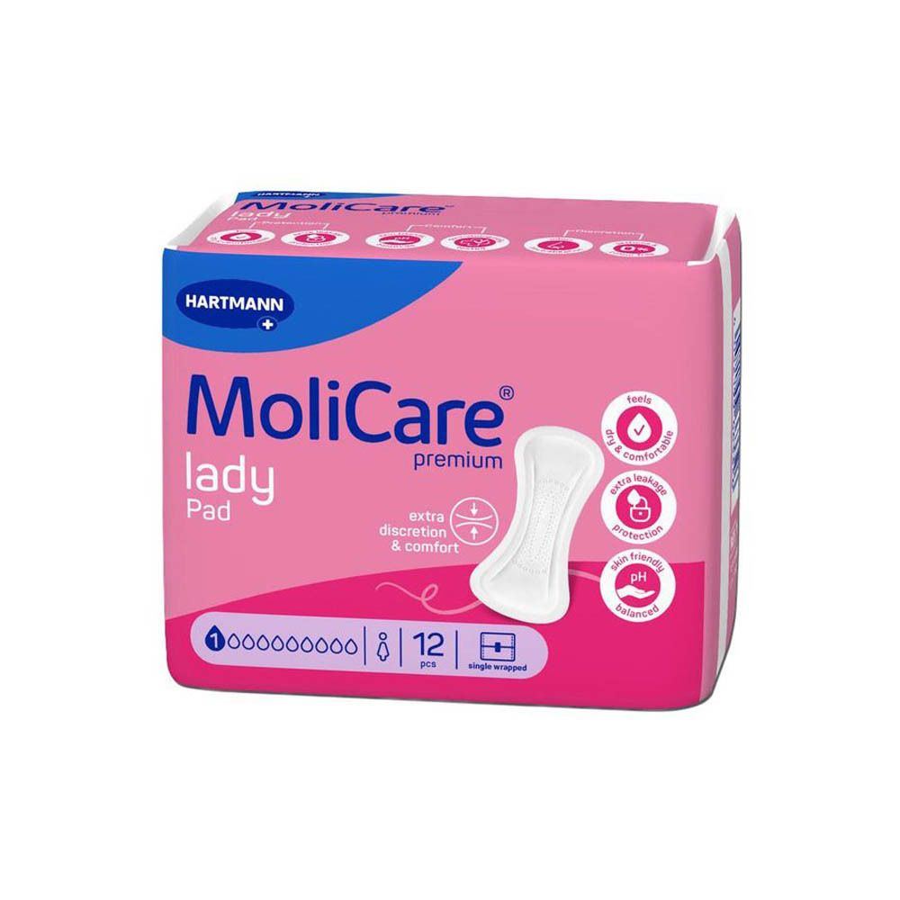 Paquet rose MoliCare lady Pad. 12 pièces emballées individuellement. Logo Hartmann. Sec & confortable, protection extra.