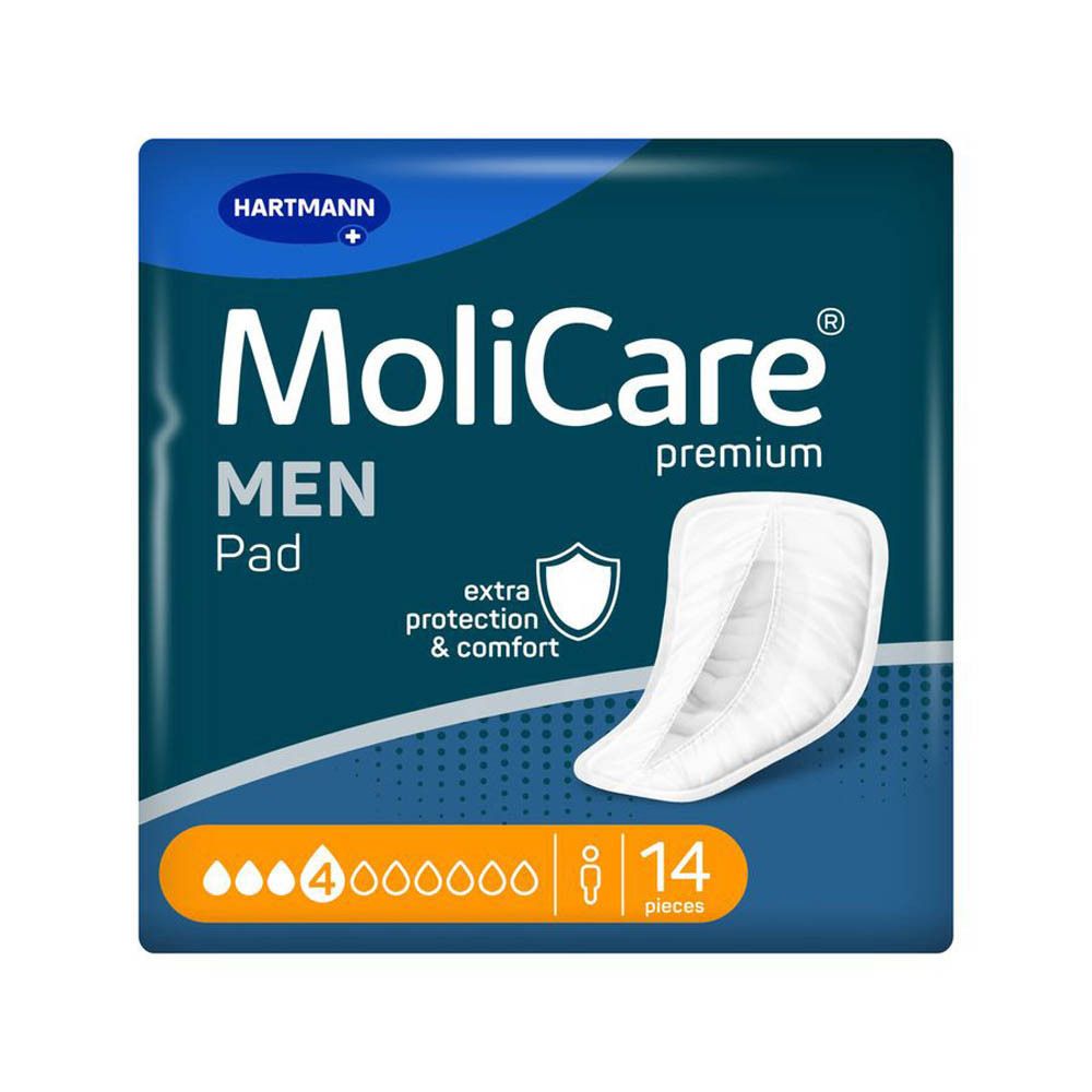Paquet de MoliCare Men Pad. Emballage bleu avec image du produit. Contient 14 pièces. Logo Hartmann.
