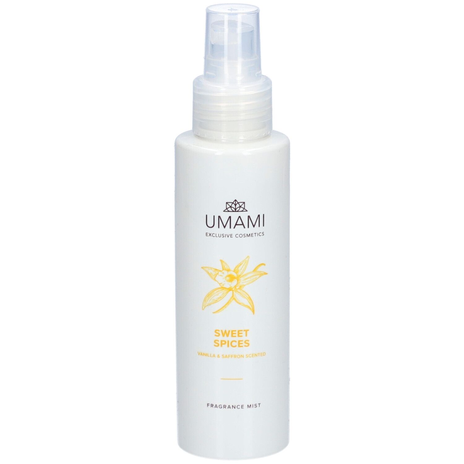 Flacon blanc avec vaporisateur. Inscription: UMAMI, Sweet Spices, Vanille & Safran. Produit: Fragrance Mist.