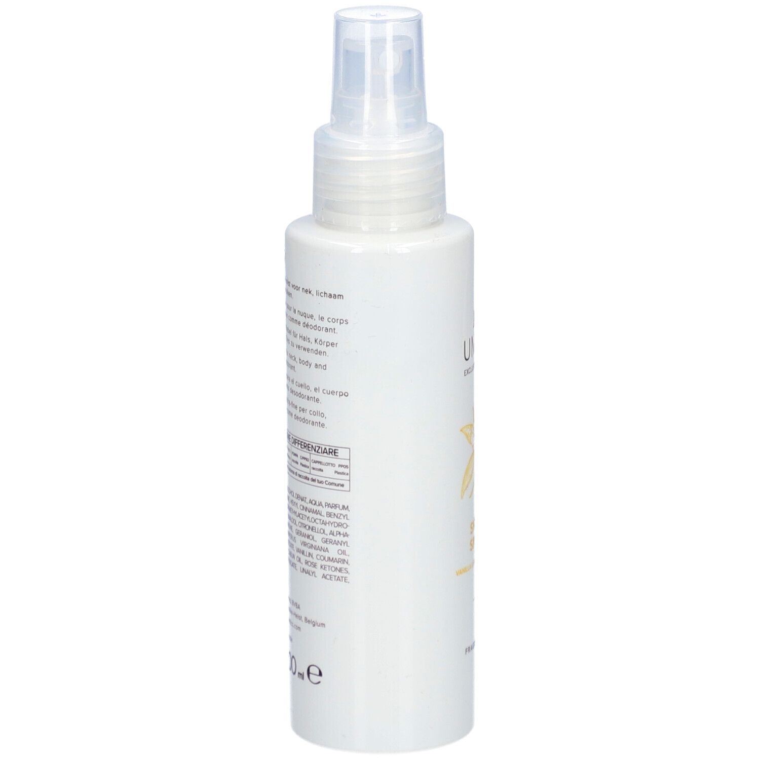 Flacon blanc avec vaporisateur. Inscription: UMAMI, Sweet Spices, Vanille & Safran. Produit: Fragrance Mist. Vue latérale.