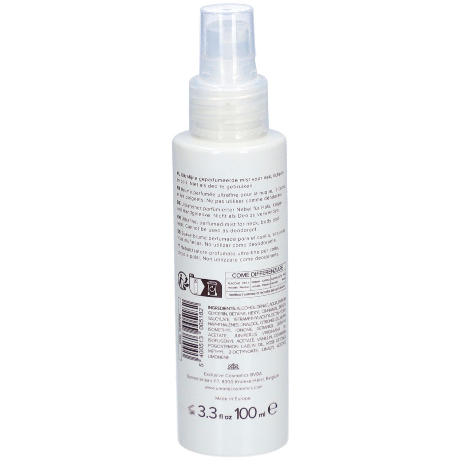 Flacon blanc avec vaporisateur. Dos avec texte et ingrédients. Inscription: UMAMI, 3.3 fl.oz. 100ml.