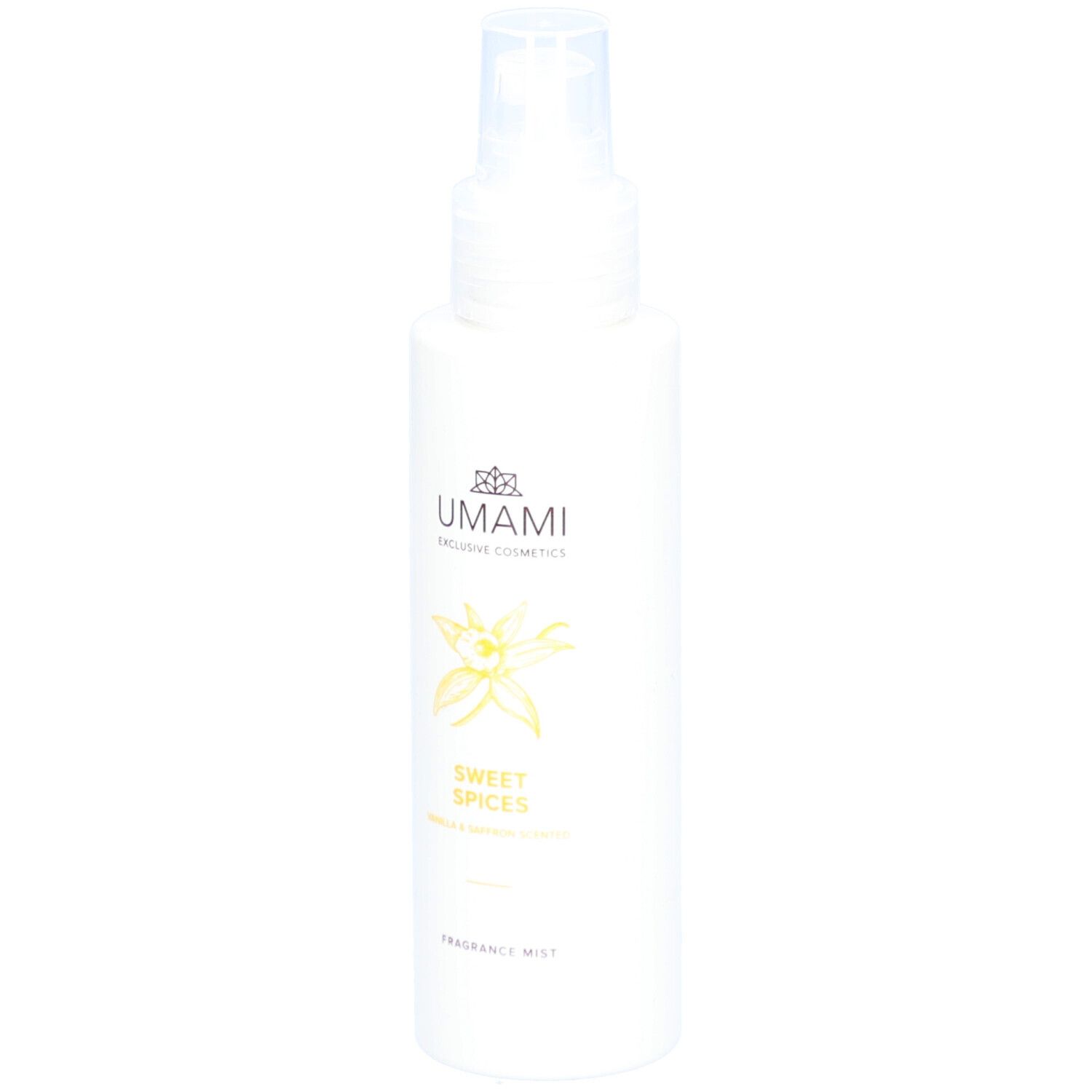 Flacon blanc avec vaporisateur. Inscription: UMAMI, Sweet Spices, Vanille & Safran. Produit: Fragrance Mist.