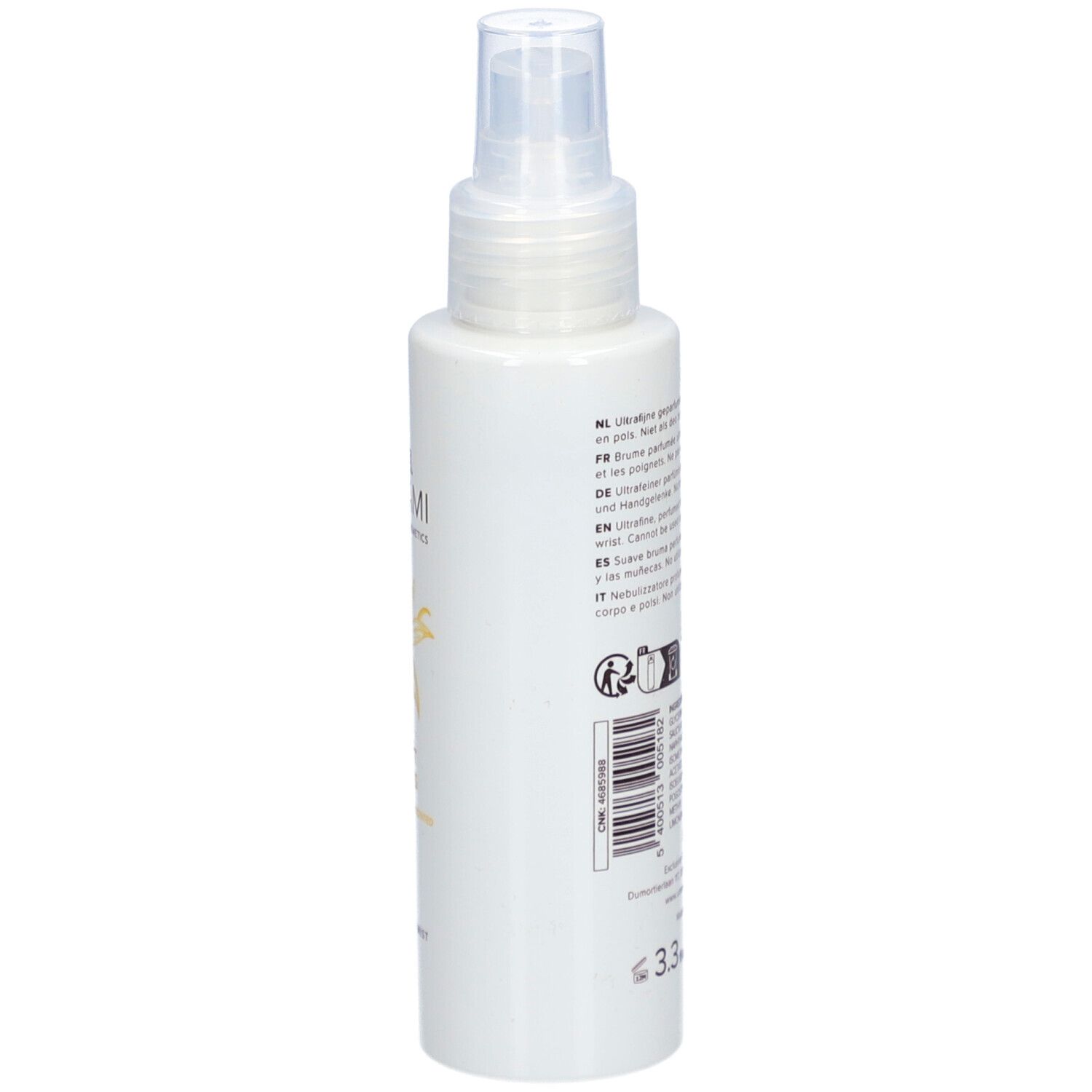 Flacon blanc avec vaporisateur. Dos avec texte. Inscription: UMAMI, 3.3 fl.oz. 100ml.