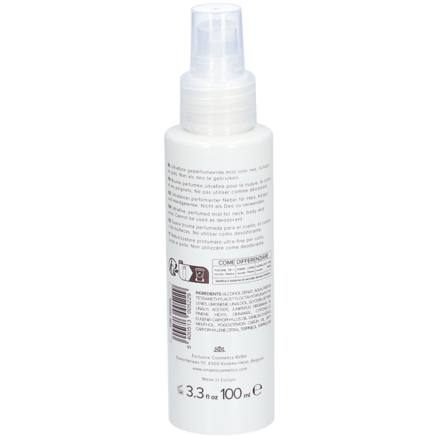 Flacon blanc avec texte et ingrédients. Texte en plusieurs langues. Volume: 100 ml.