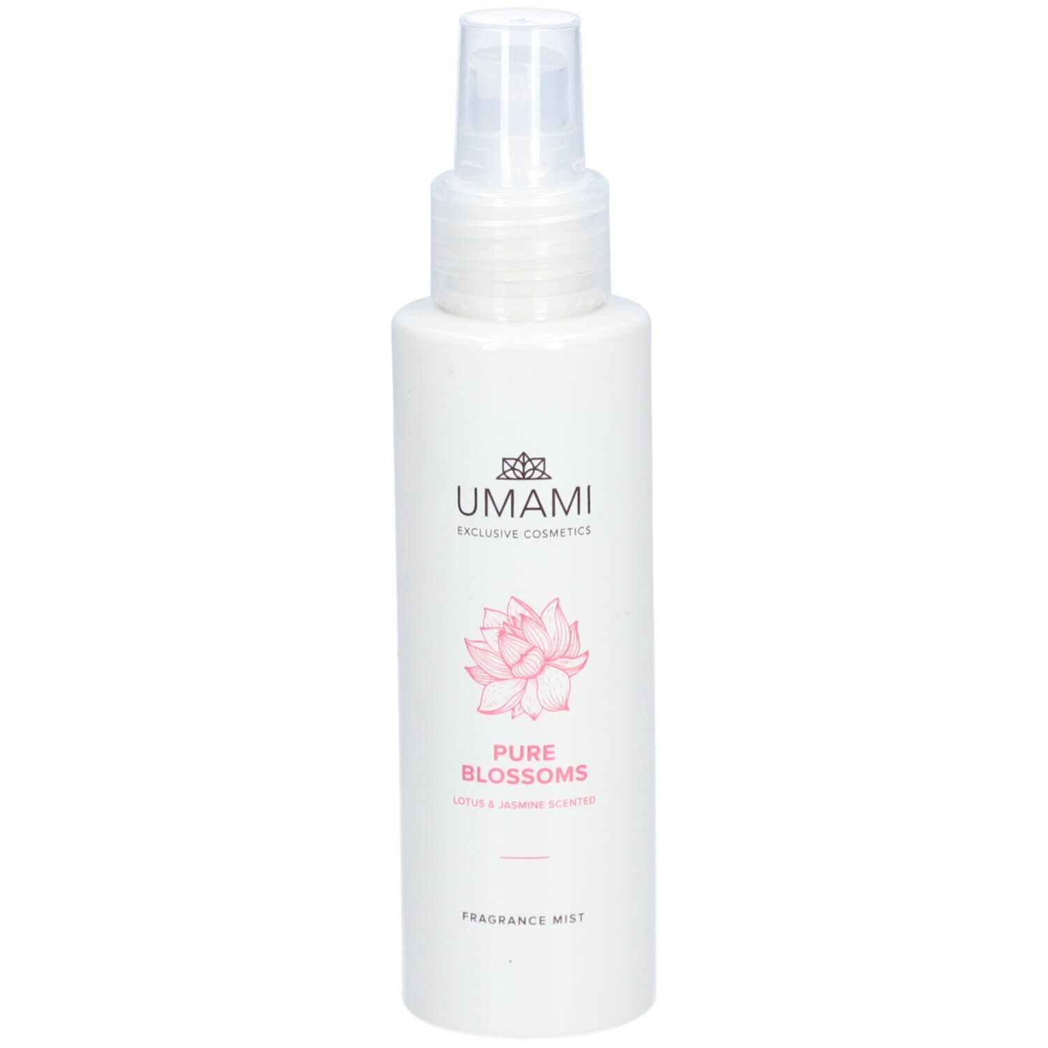 Flacon blanc avec vaporisateur. Inscriptions: UMAMI, Pure Blossoms, Lotus & Jasmin Scented, Fragrance Mist. Fleur de lotus rose.